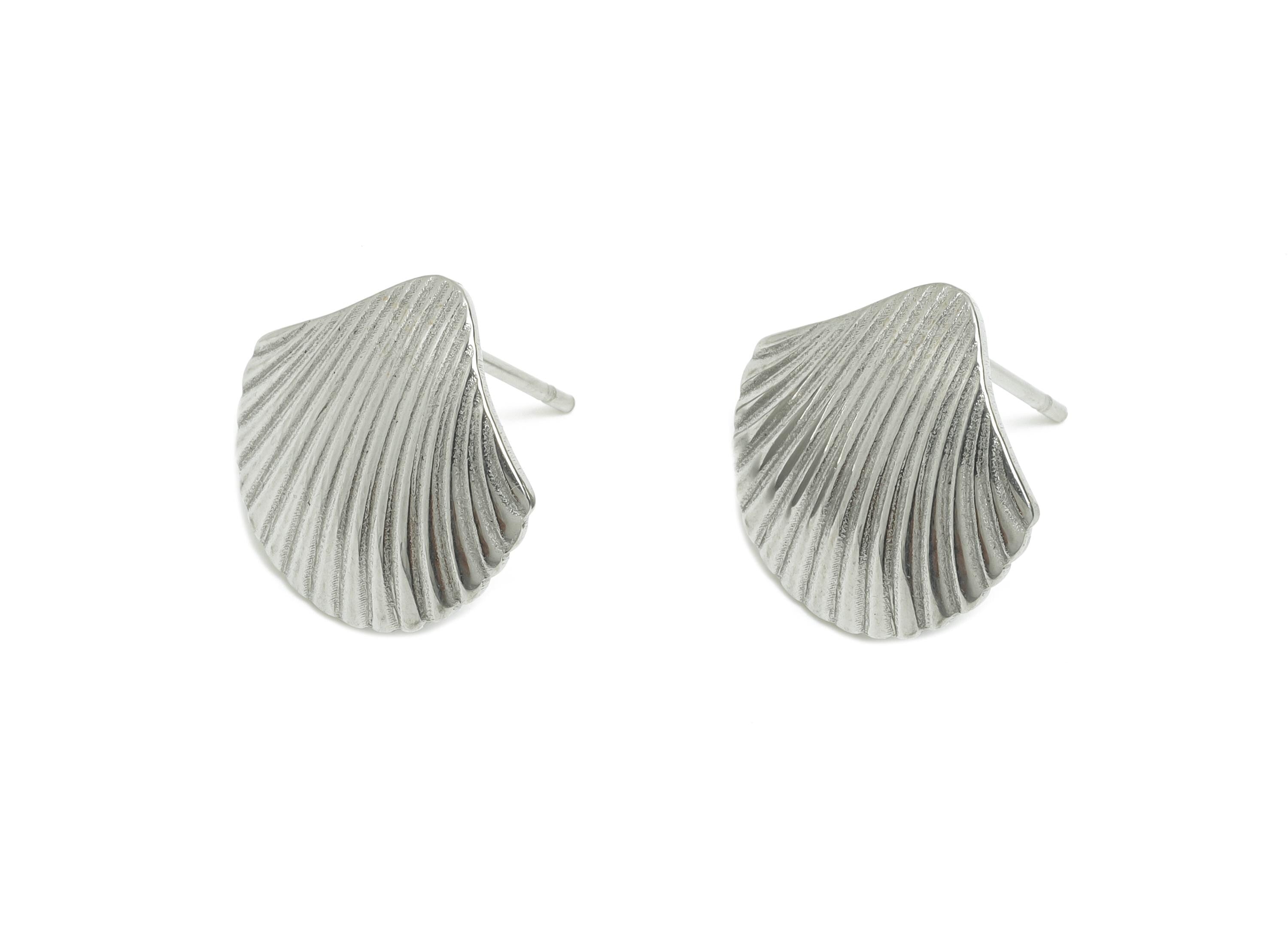 Steel Seashell Stud Earring - Steel Textured Beach Shell Jewelry - Steel Marine Life Earring Post - Ocean Inspired Stud - 14x14x1mm - SS2714 - DOMEDBAZAAR