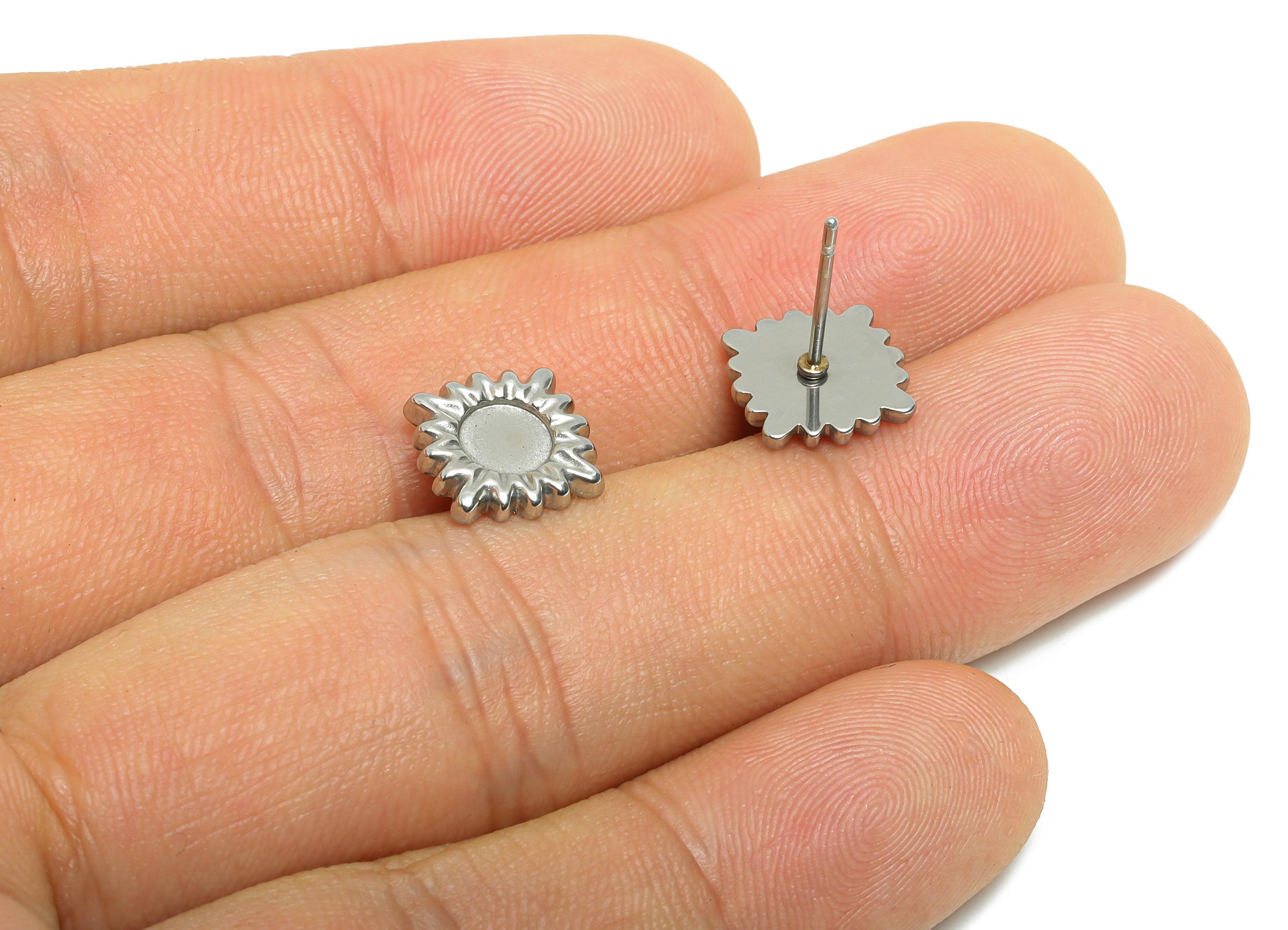 Steel Sun Stud Earring - Steel Sunshine Earring Post For DIY Bead - Steel Celestial Stud Earring - Stainless Steel Post - 12x12x1mm - SS2717