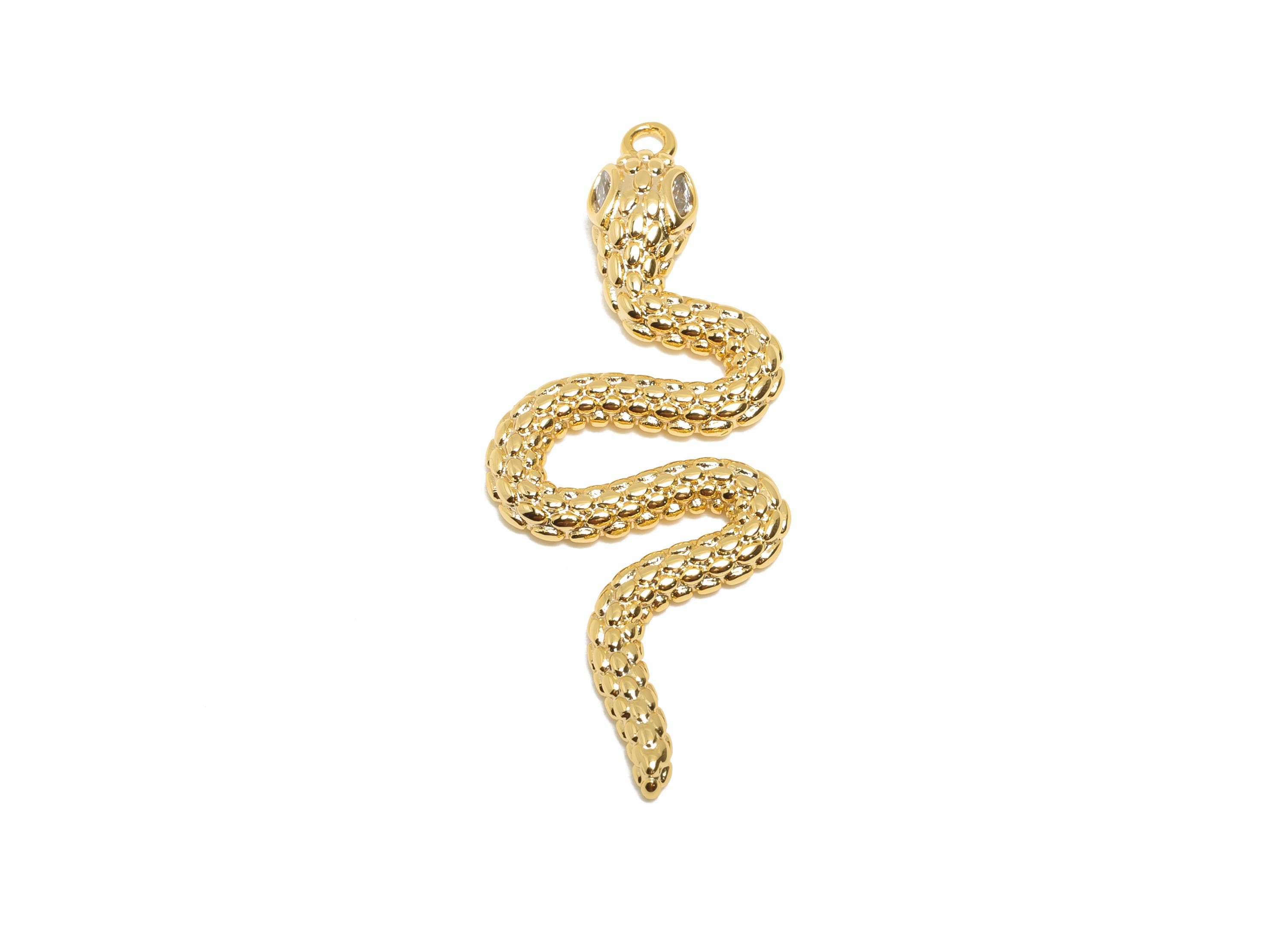 Brass Snake Pendant - Zircon Serpent Necklace Pendant - Unique Textured Protection Jewelry - 18K Real Gold Plated - 38.9x15x3.4mm - RGP11071 - DOMEDBAZAAR