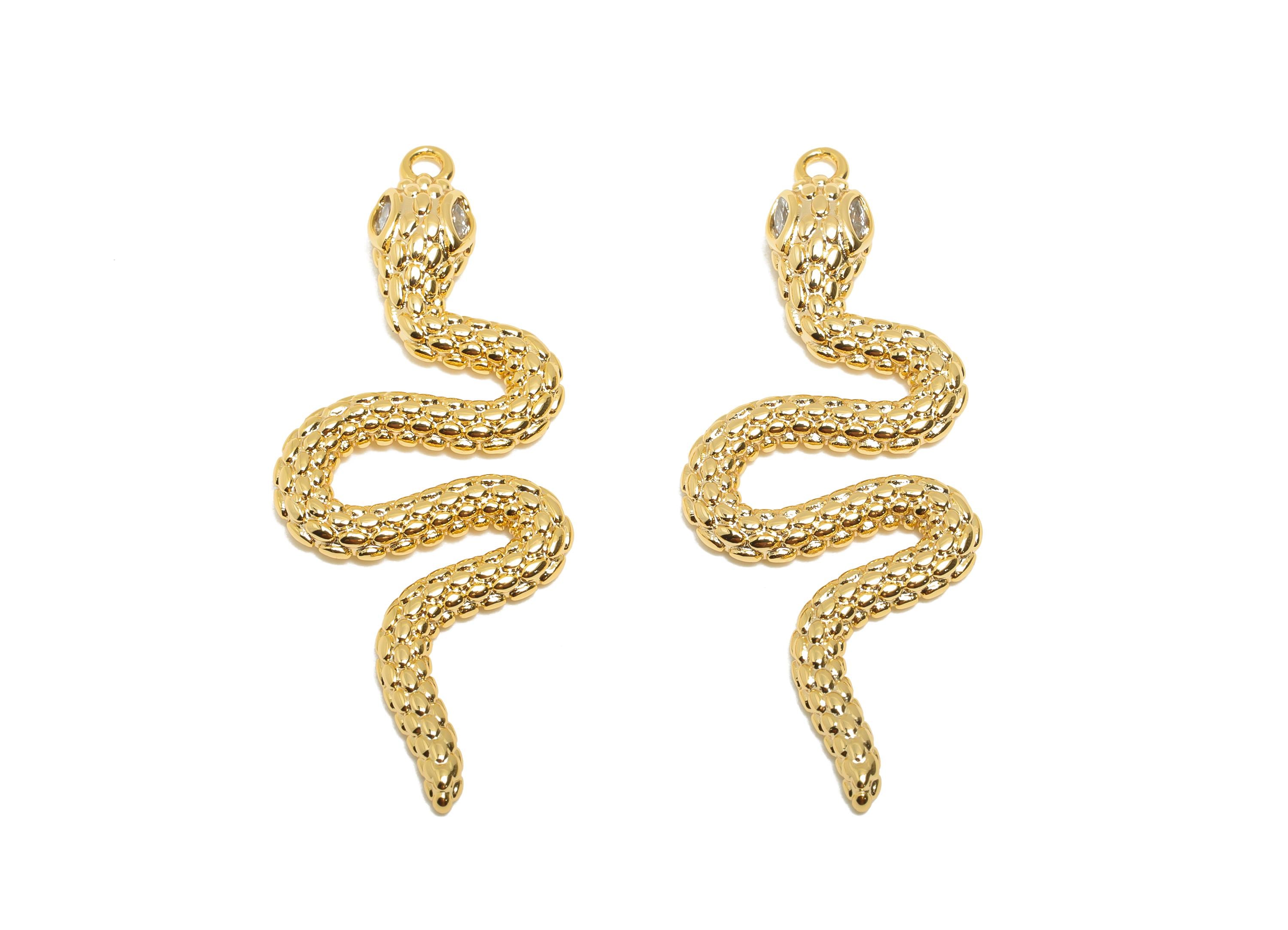 Brass Snake Pendant - Zircon Serpent Necklace Pendant - Unique Textured Protection Jewelry - 18K Real Gold Plated - 38.9x15x3.4mm - RGP11071 - DOMEDBAZAAR