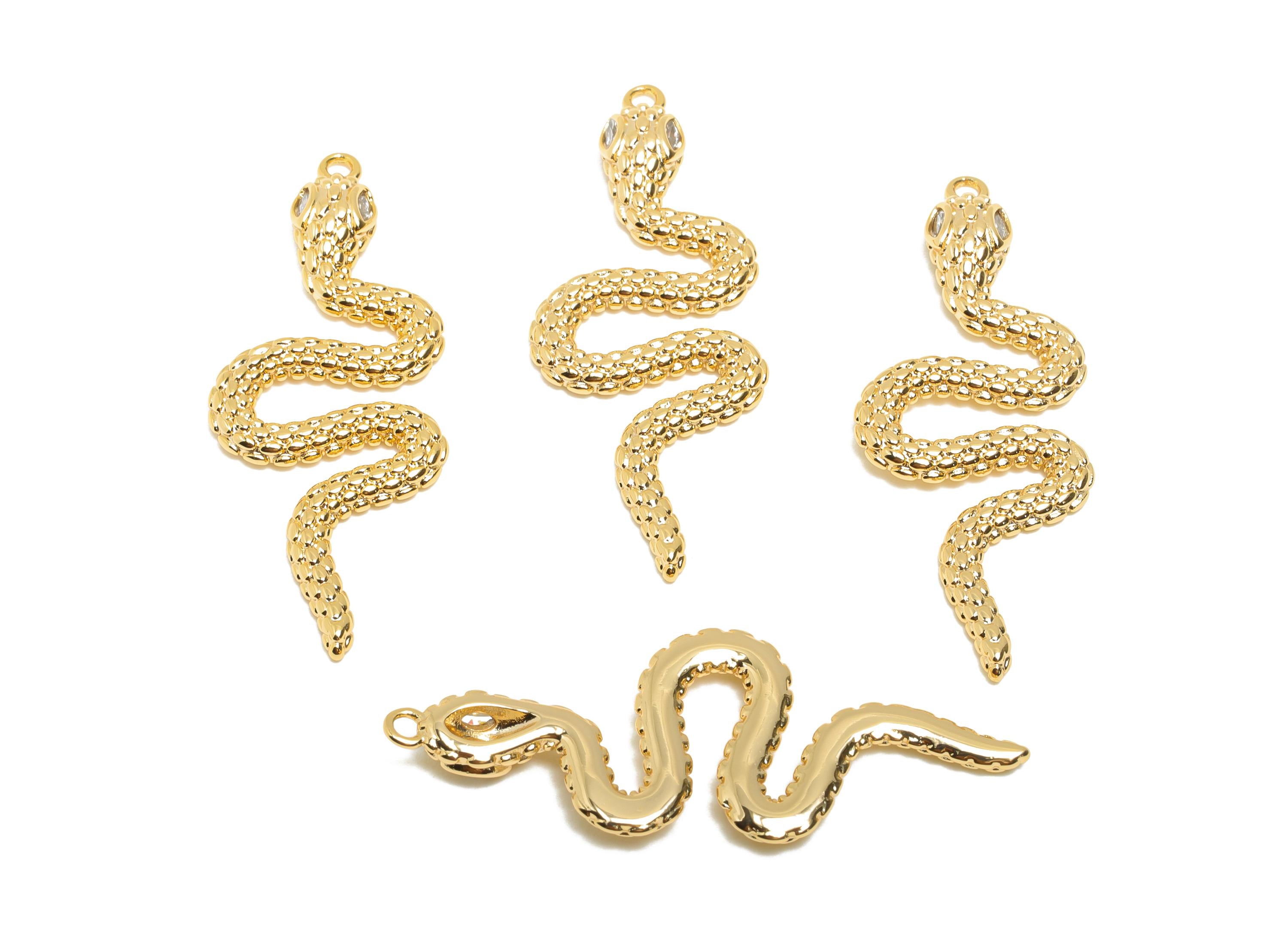 Brass Snake Pendant - Zircon Serpent Necklace Pendant - Unique Textured Protection Jewelry - 18K Real Gold Plated - 38.9x15x3.4mm - RGP11071 - DOMEDBAZAAR