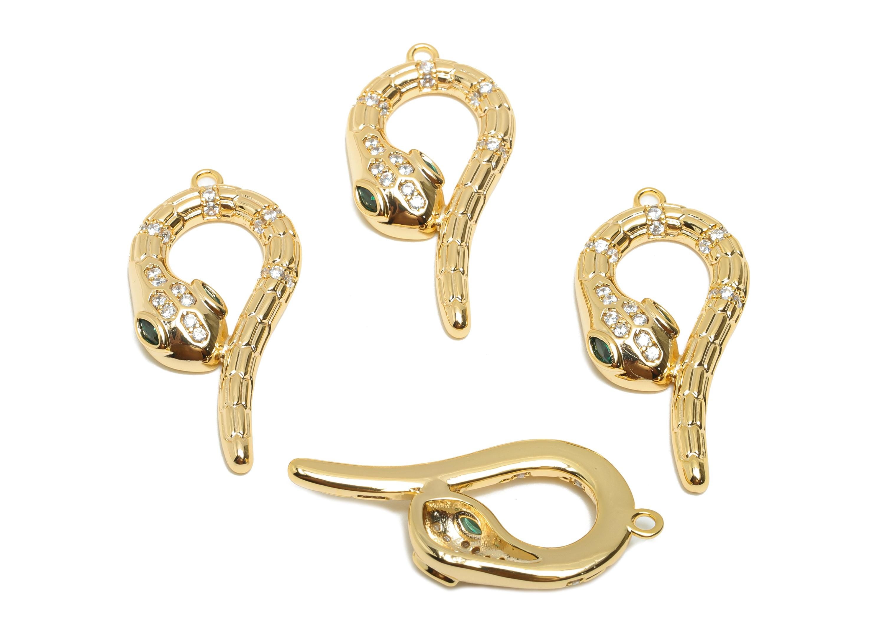 Gold Brass Snake Pendant - Zircon Serpent Necklace Pendant - Sparkling Protection Jewelry - 18K Real Gold Plated - 30.55x14.7x4mm - RGP11070 - DOMEDBAZAAR