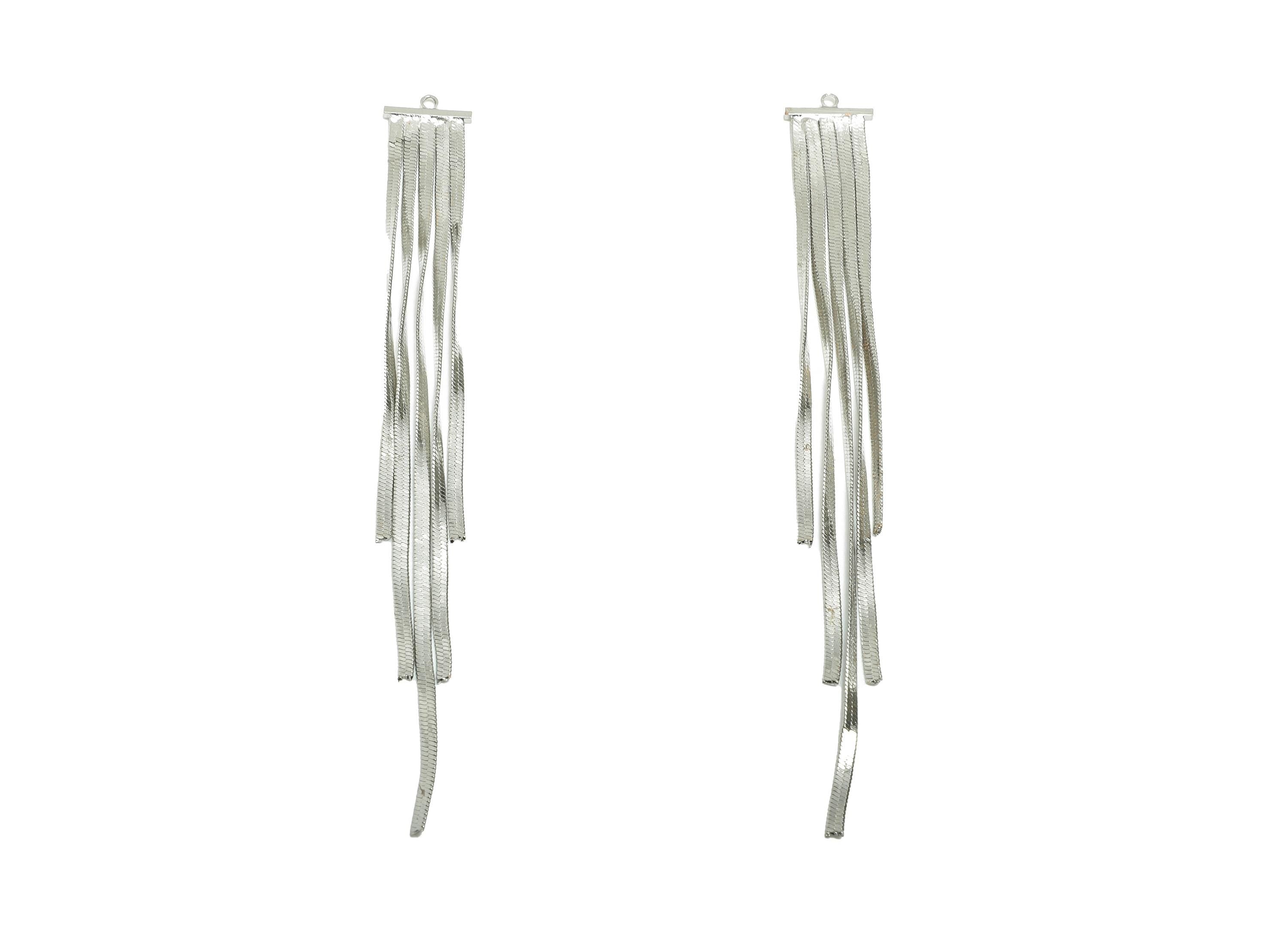 Brass Dangle Tassel Earring Charm - Snake Chain Fringe Making Supply - Fashion Jewelry Finding - 18K White Gold Plated - 10x12x1mm -RGP11099