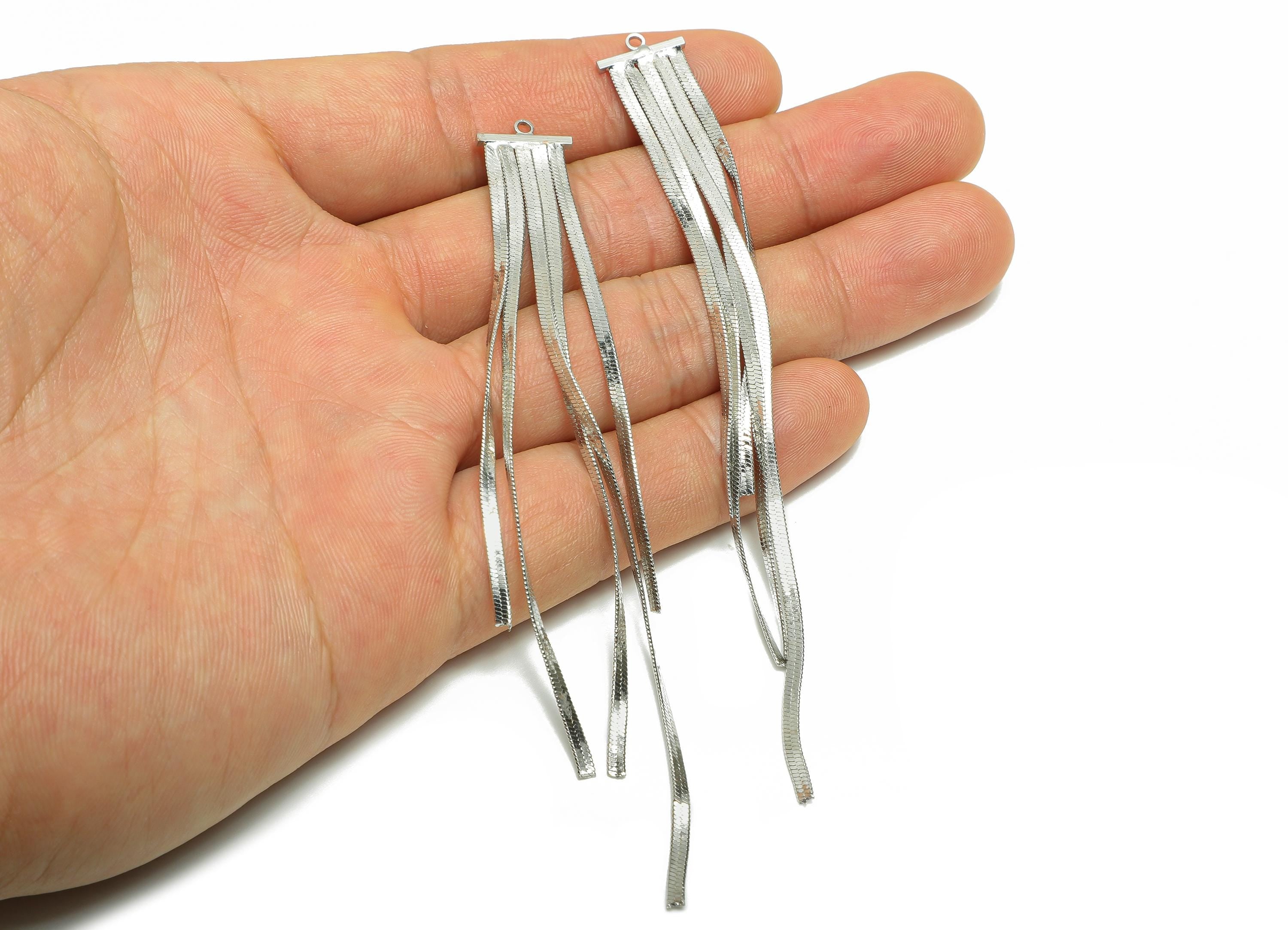 Brass Dangle Tassel Earring Charm - Snake Chain Fringe Making Supply - Fashion Jewelry Finding - 18K White Gold Plated - 10x12x1mm -RGP11099