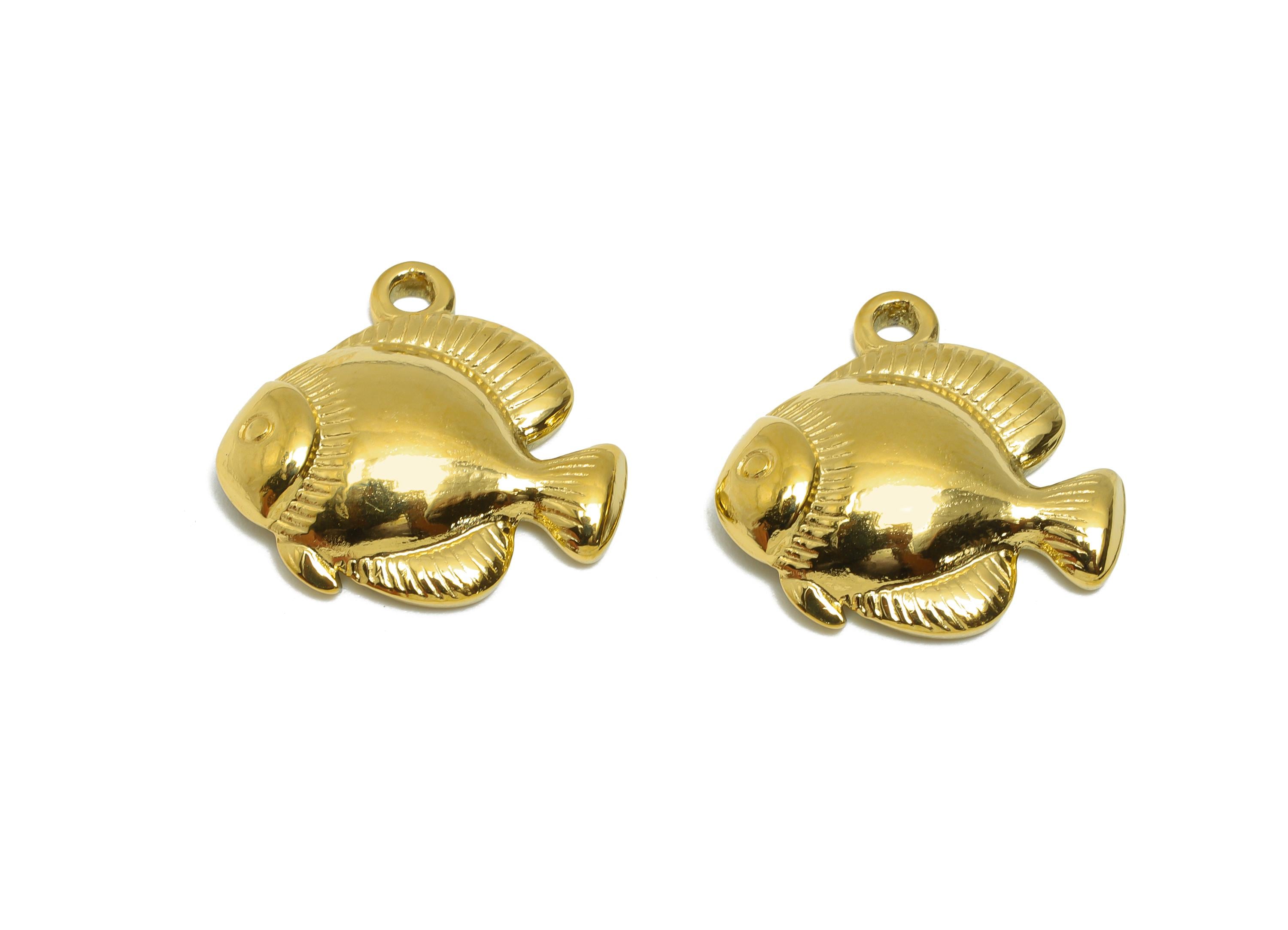 Gold Steel Fish Charm - Tropical Marine Life Necklace Pendant - Sea Animal Jewelry Finding - 24K Real Vacuum Plated - 18.4x19x3.9mm - SS2752 - DOMEDBAZAAR