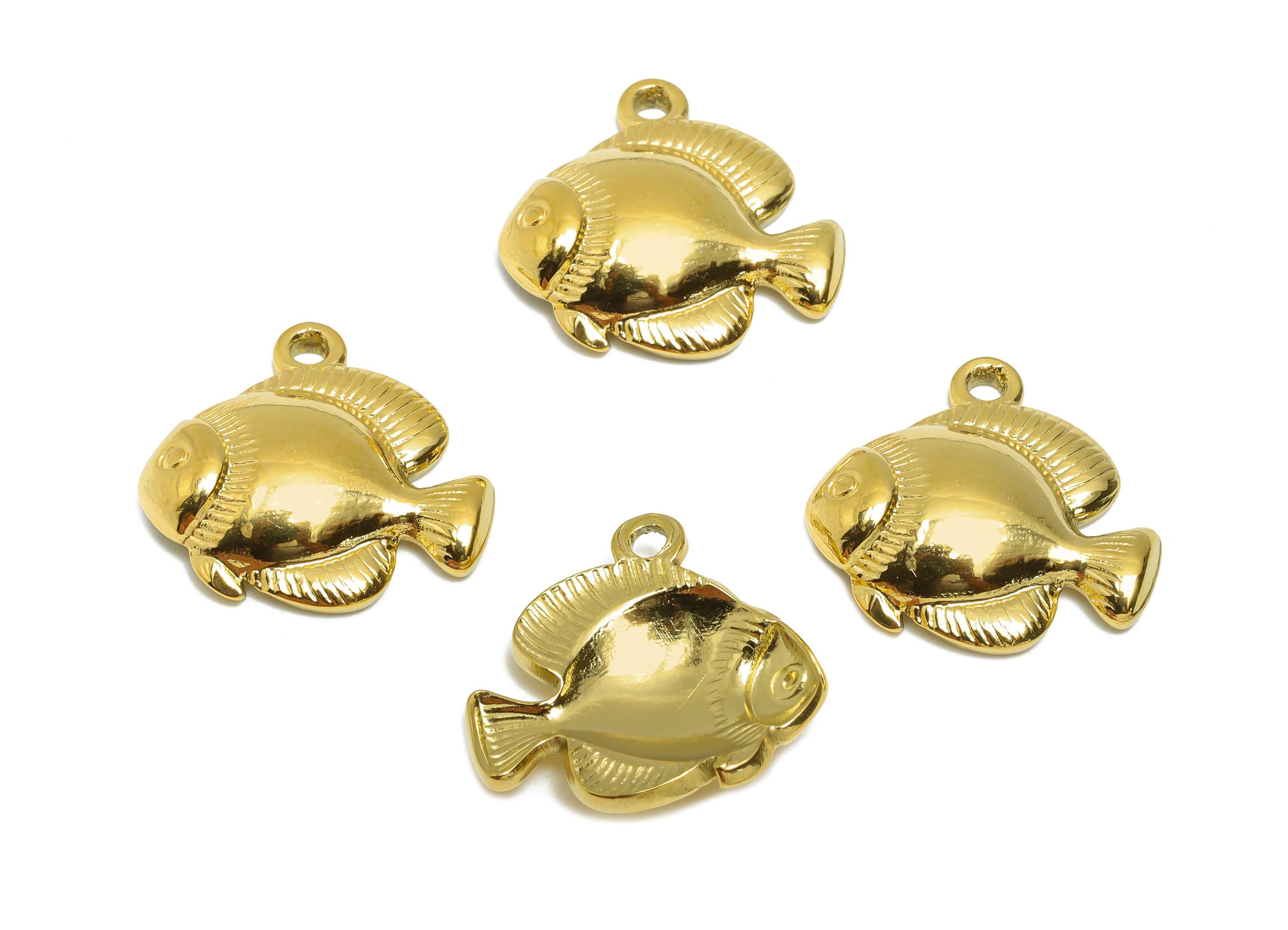 Gold Steel Fish Charm - Tropical Marine Life Necklace Pendant - Sea Animal Jewelry Finding - 24K Real Vacuum Plated - 18.4x19x3.9mm - SS2752 - DOMEDBAZAAR