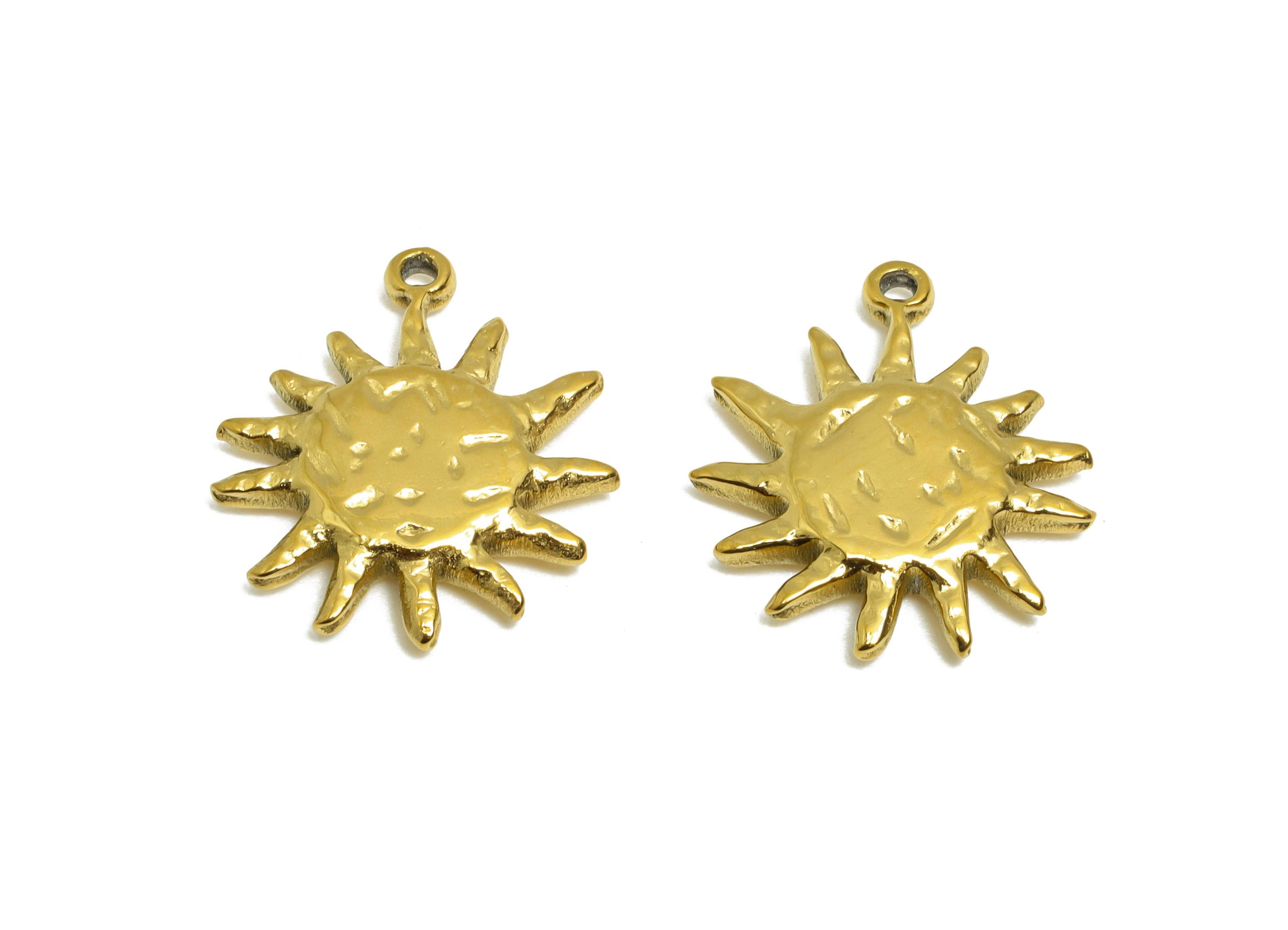 Gold Steel Sun Charm - Shiny Celestial Sun Necklace Pendant - Bohemian Jewelry Finding - 24K Real Vacuum Plated - 16.5x14.8x2.6mm - SS2753 - DOMEDBAZAAR