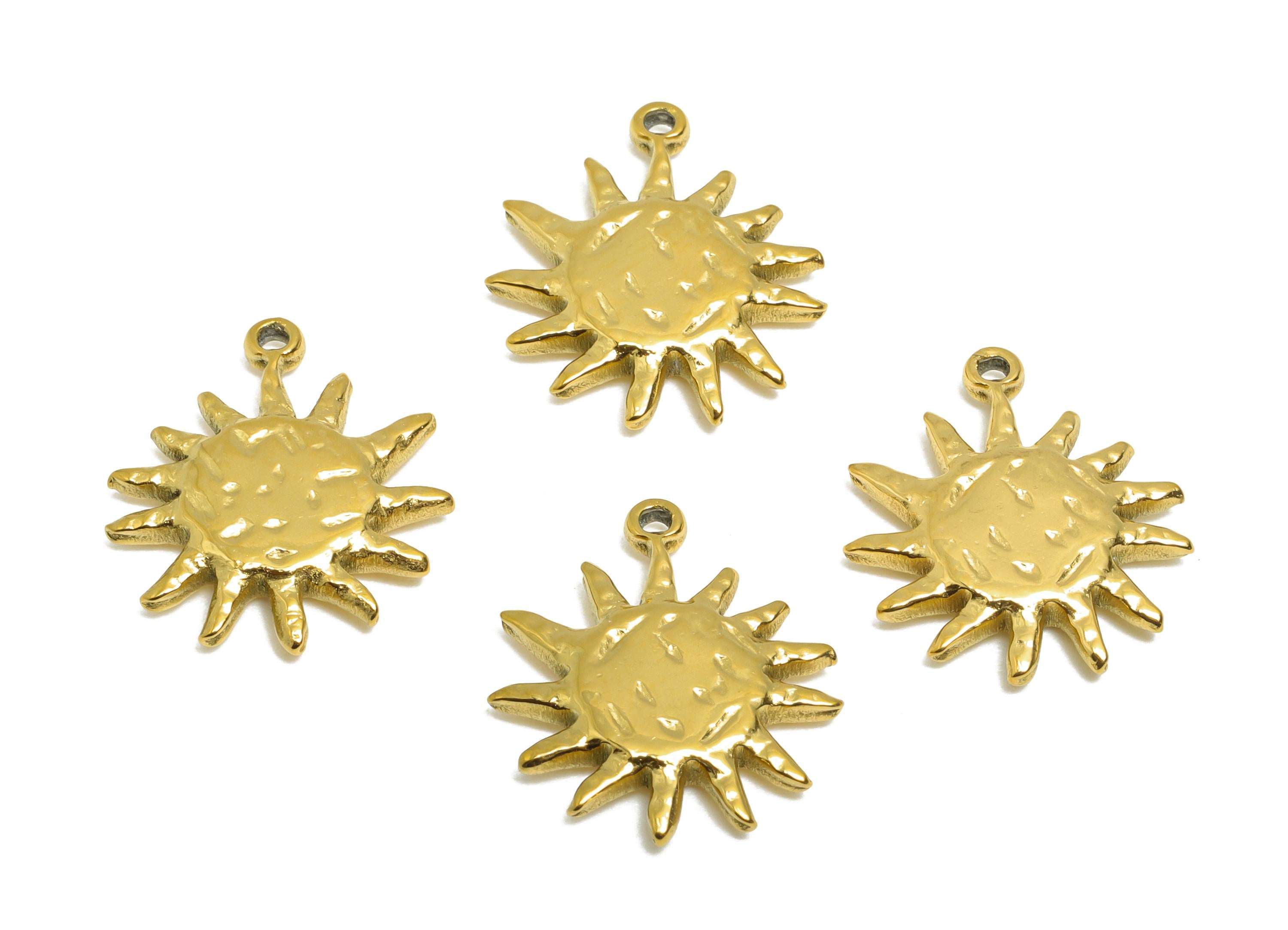Gold Steel Sun Charm - Shiny Celestial Sun Necklace Pendant - Bohemian Jewelry Finding - 24K Real Vacuum Plated - 16.5x14.8x2.6mm - SS2753 - DOMEDBAZAAR