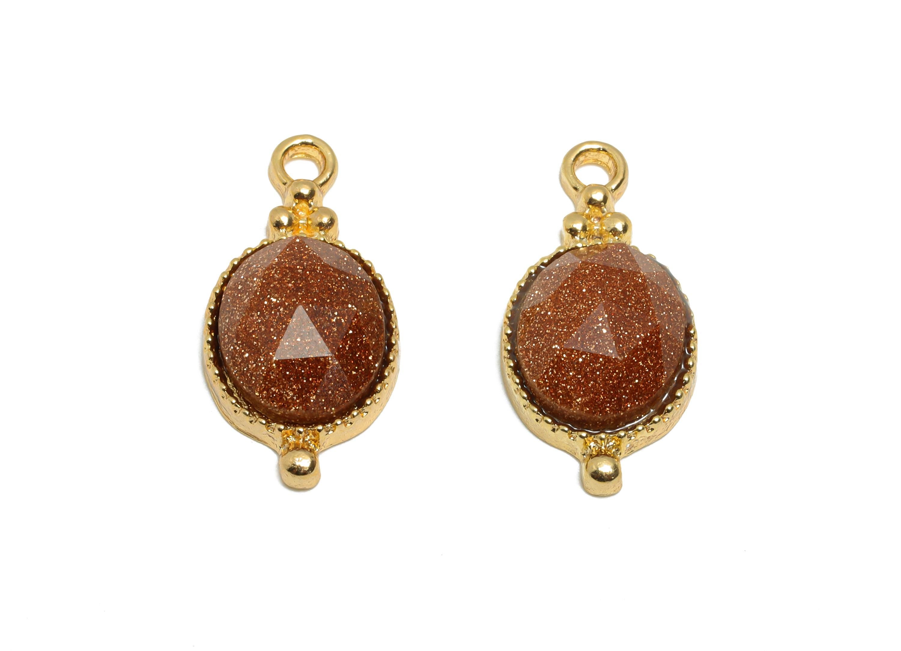 Gold Stone Pendant - Vintage Brown Glitter Charm - Sparkling Stone Pendant - Handmade Jewelry Supply - Gold Tone Plating - 20x9x4mm - NS3115 - DOMEDBAZAAR