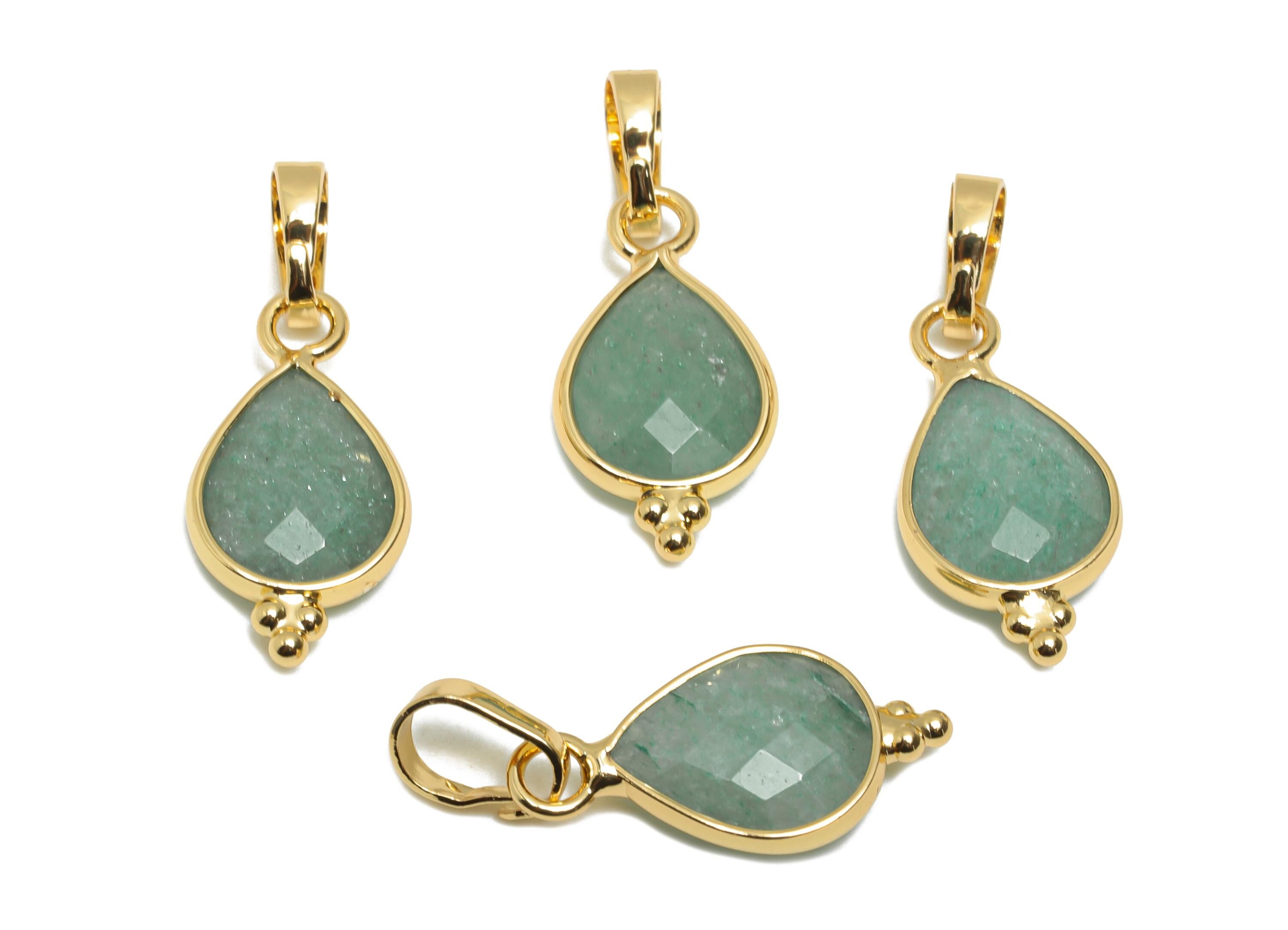Brass Teardrop Green Aventurine Stone Pendant - Sparkling Faceted Natural Gemstone - Handmade Jewelry  - Gold Tone Plating - 22x8x3mm-NS3112 - DOMEDBAZAAR