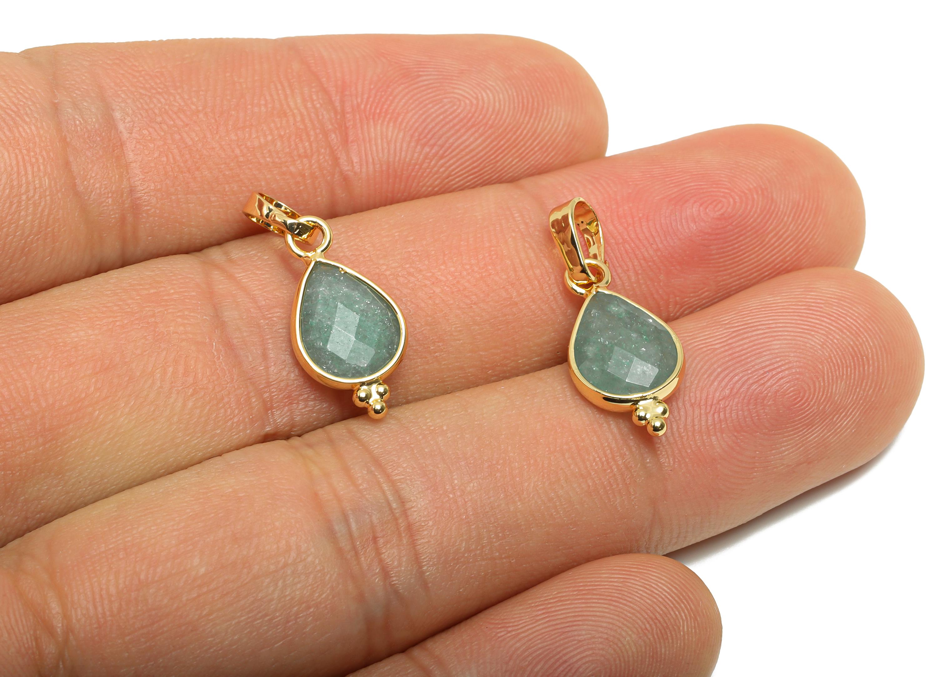 Brass Teardrop Green Aventurine Stone Pendant - Sparkling Faceted Natural Gemstone - Handmade Jewelry  - Gold Tone Plating - 22x8x3mm-NS3112 - DOMEDBAZAAR