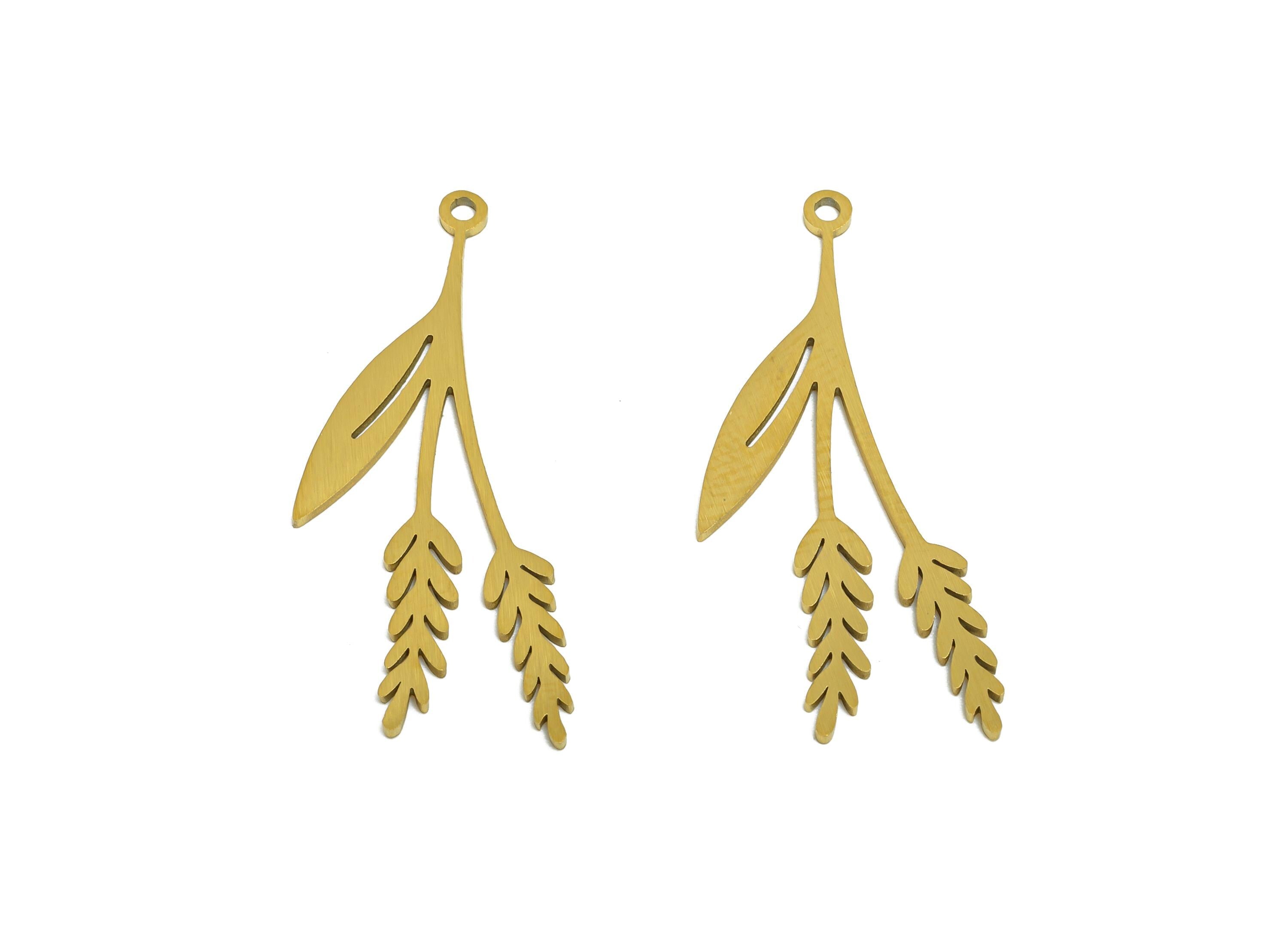 Steel Gold Wheat Leaf Charms - Geometric Botanical Charm - Nature Plant Charm for Necklace - Real Vacuum Plated - 29.9x11.4x0.9mm - SS2763 - DOMEDBAZAAR
