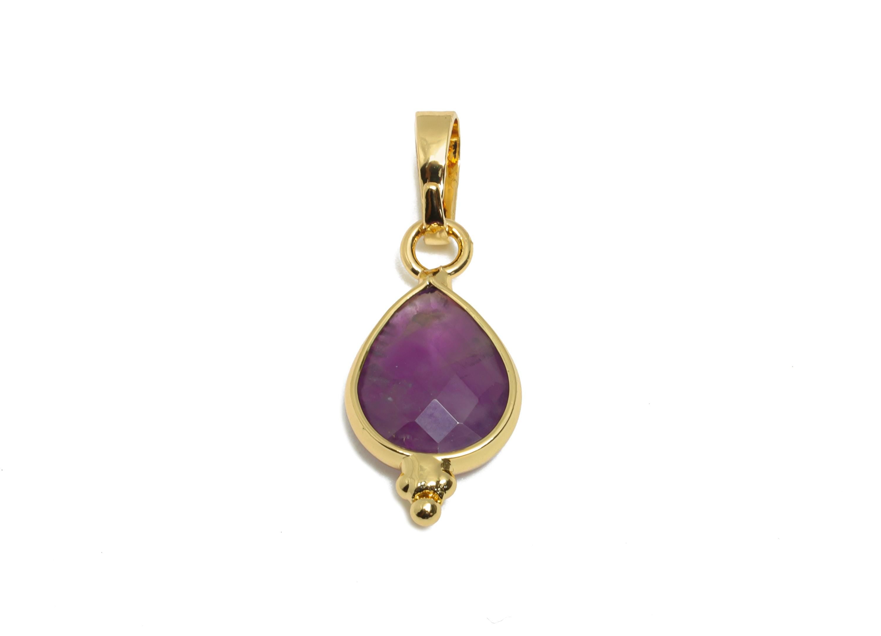 Brass Teardrop Amethyst Stone Pendant - Nature Stone - Vintage Faceted Stone - Handmade Jewelry  - Gold Tone Plating - 22x8x3mm -NS3113 - DOMEDBAZAAR