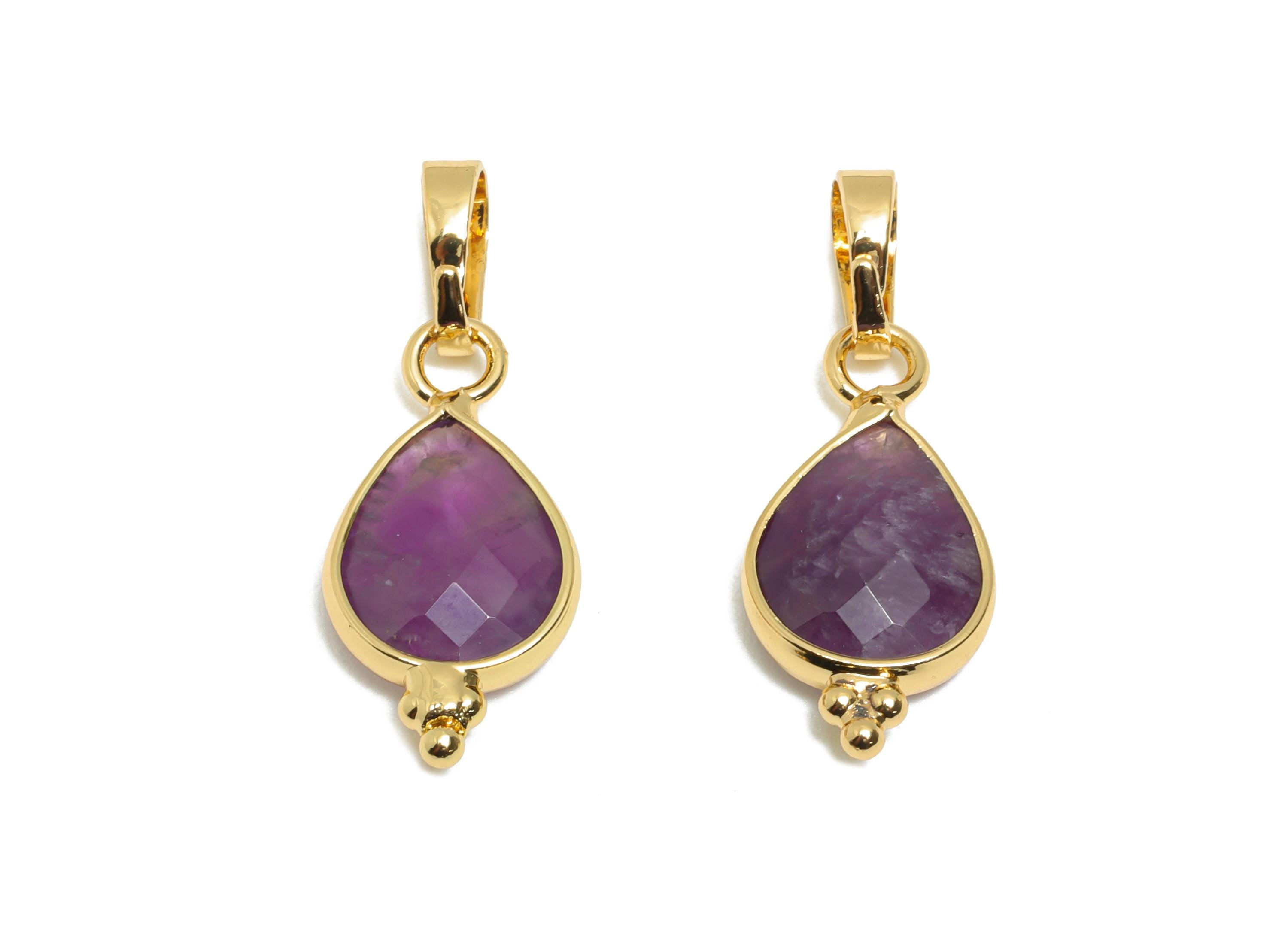 Brass Teardrop Amethyst Stone Pendant - Nature Stone - Vintage Faceted Stone - Handmade Jewelry  - Gold Tone Plating - 22x8x3mm -NS3113 - DOMEDBAZAAR