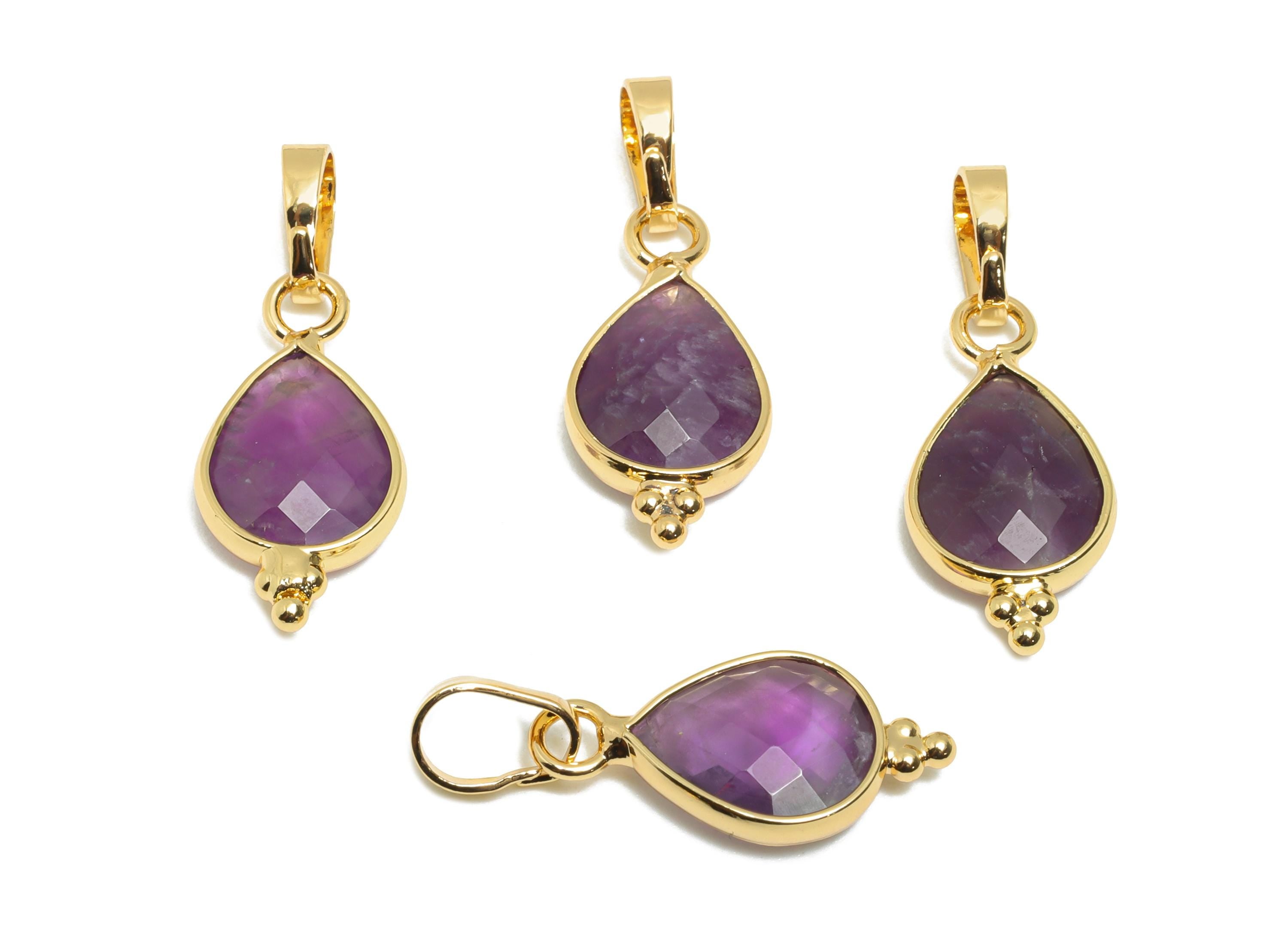 Brass Teardrop Amethyst Stone Pendant - Nature Stone - Vintage Faceted Stone - Handmade Jewelry  - Gold Tone Plating - 22x8x3mm -NS3113 - DOMEDBAZAAR