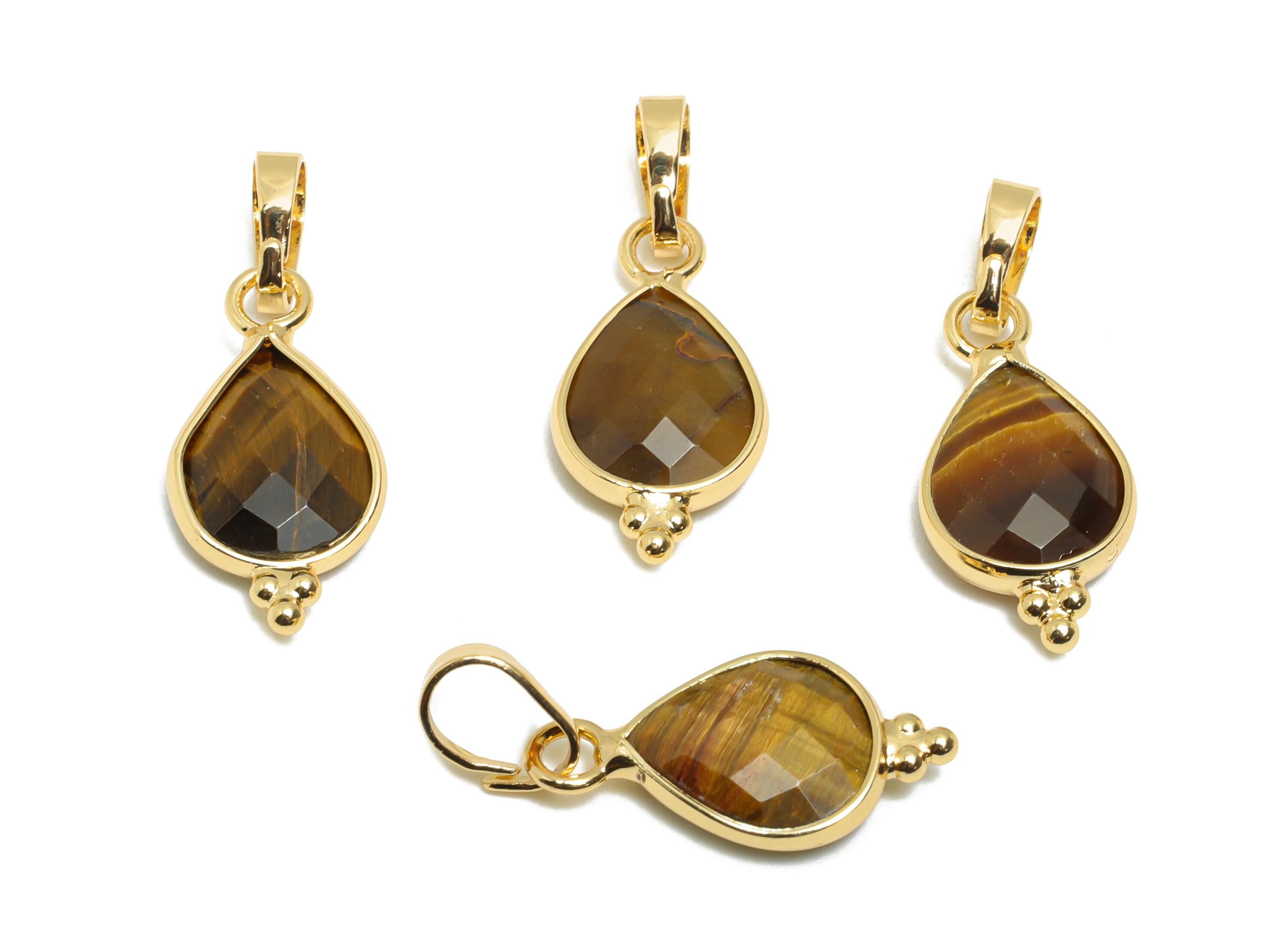 Brass Teardrop Tiger Eye Stone - Nature Stone Pendant - Sparkling Faceted Stone - Handmade Jewelry - Gold Tone Plating - 22x8x3mm - NS3114 - DOMEDBAZAAR