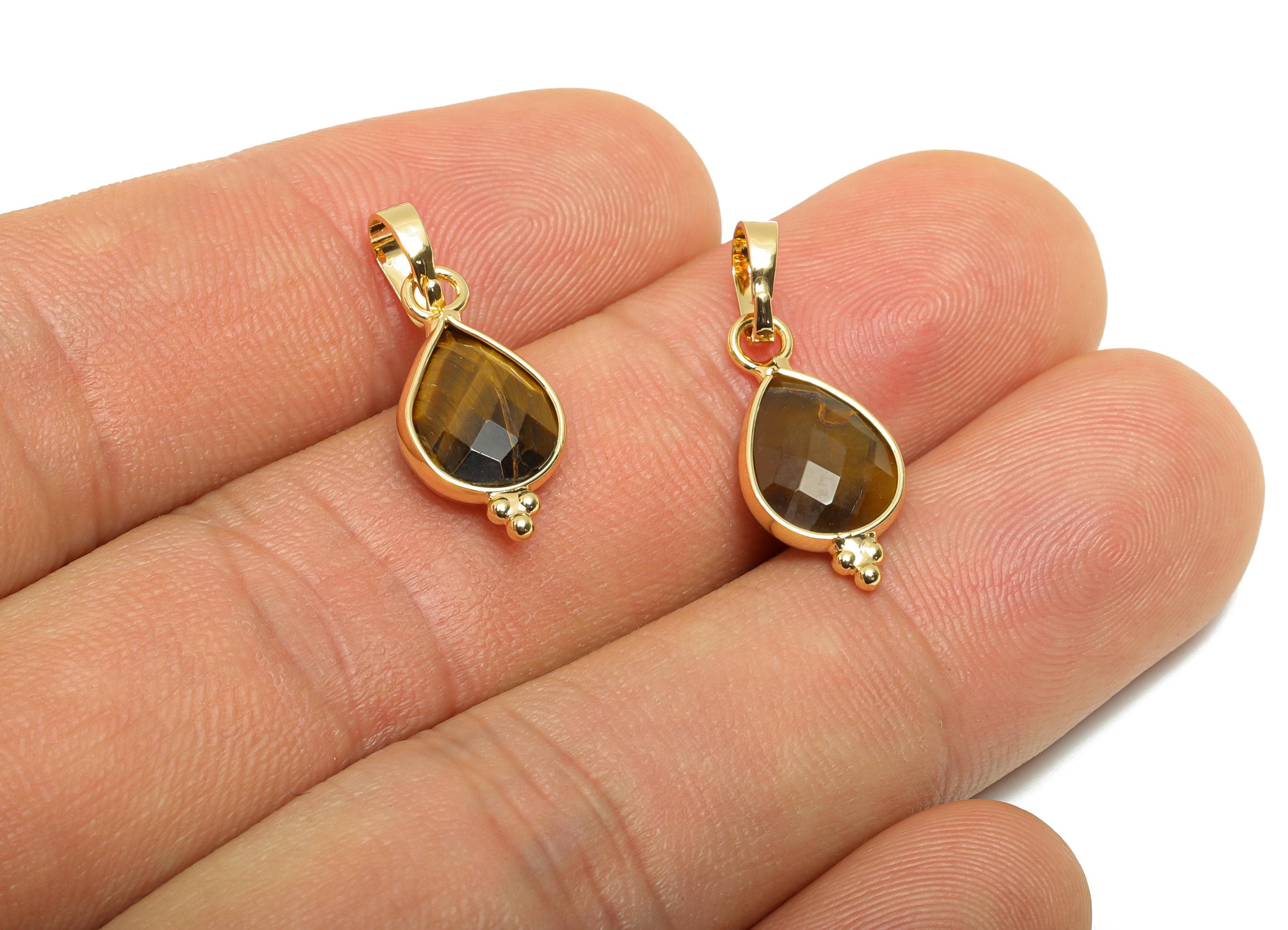 Brass Teardrop Tiger Eye Stone - Nature Stone Pendant - Sparkling Faceted Stone - Handmade Jewelry - Gold Tone Plating - 22x8x3mm - NS3114 - DOMEDBAZAAR
