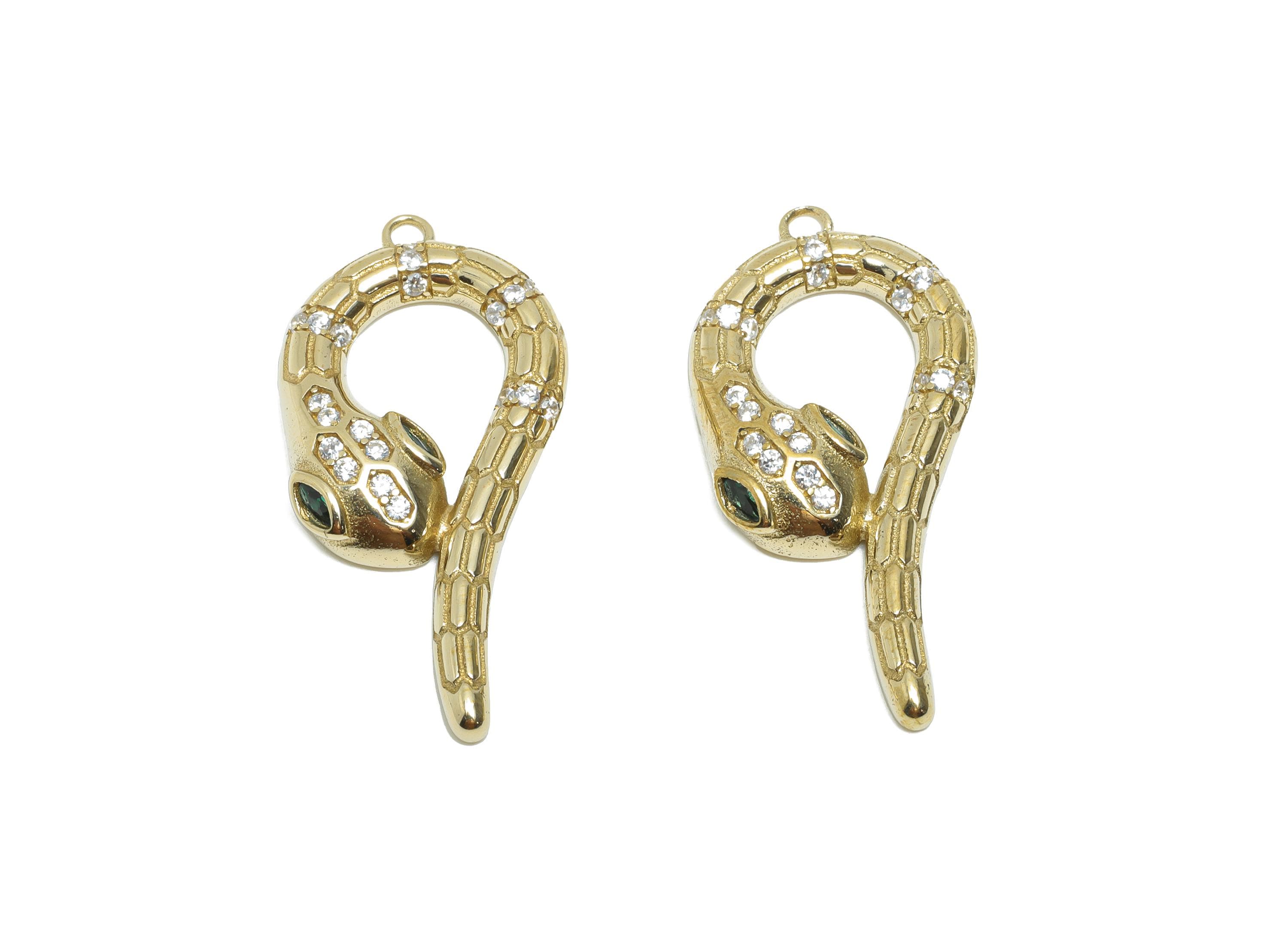 Raw Brass Snake Pendant - Zircon Serpent Necklace Pendant - Sparkling Protection Jewelry - DIY Craft Making - 30.55x14.67x4mm - PP11452 - DOMEDBAZAAR