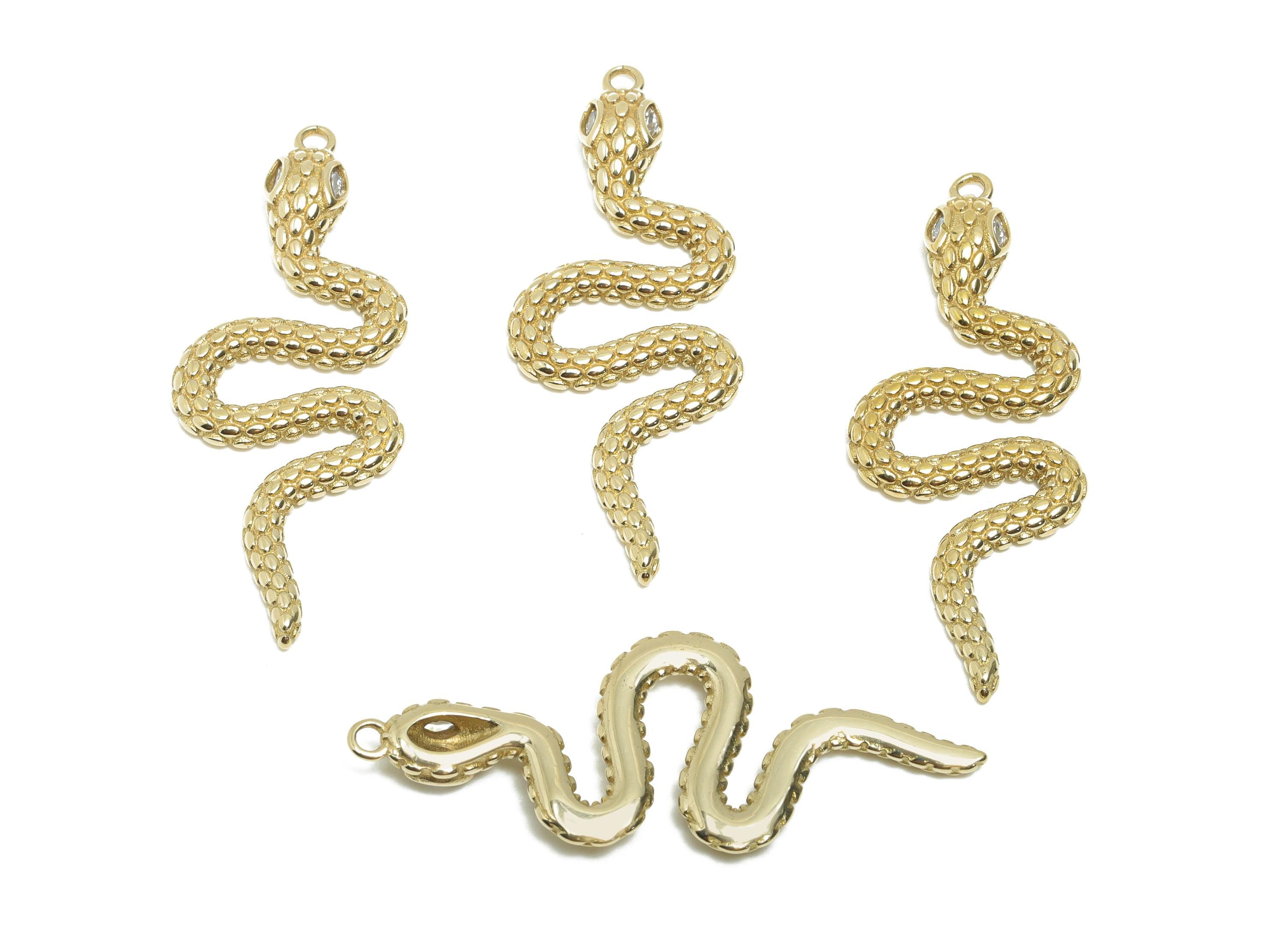 Raw Brass Snake Pendant - Zircon Serpent Necklace Pendant - Unique Textured Protection Jewelry - DIY Craft Making - 38.9x15x3.4mm - PP11453 - DOMEDBAZAAR