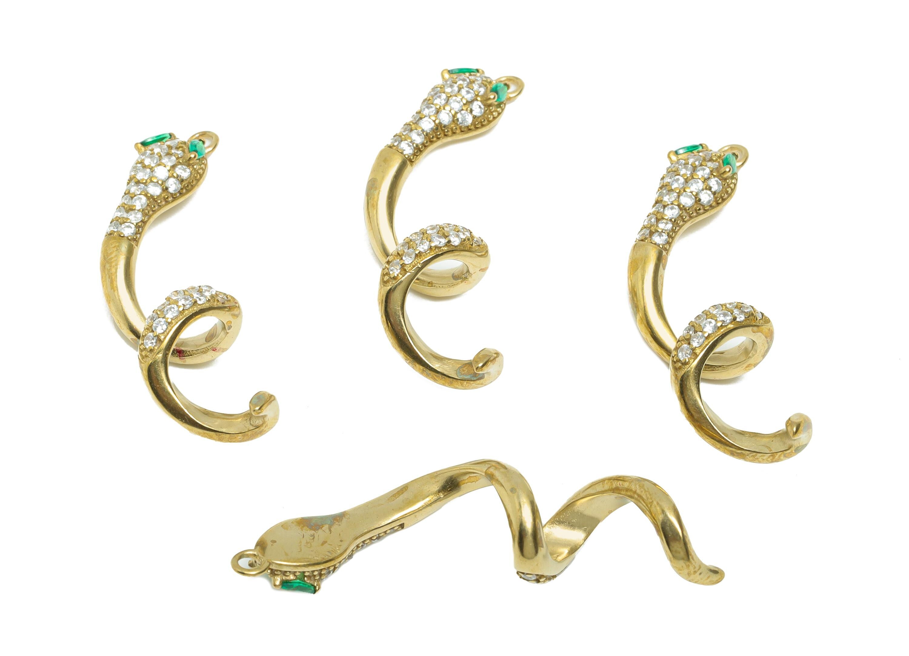 Raw Brass Snake Pendant - Zircon Serpent Necklace Pendant - Luxury Protection Jewelry - DIY Craft Making - 35.46x10.4x3.49mm - PP11454 - DOMEDBAZAAR