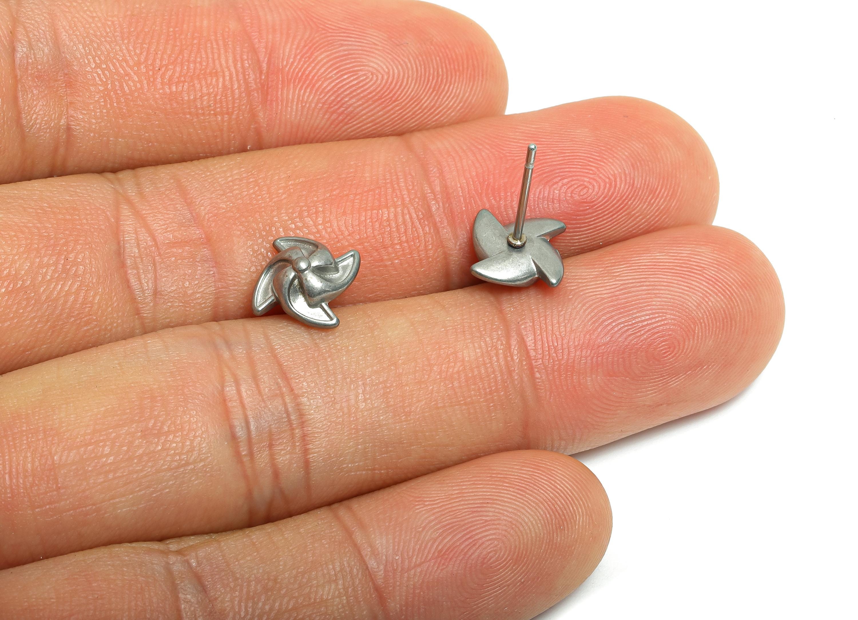 Steel Pinwheel Stud Earring - Steel Windmill Earring Stud - Geometric Whimsical Stud Earring - Stainless Steel Post - 10x9x3.44mm - SS2720