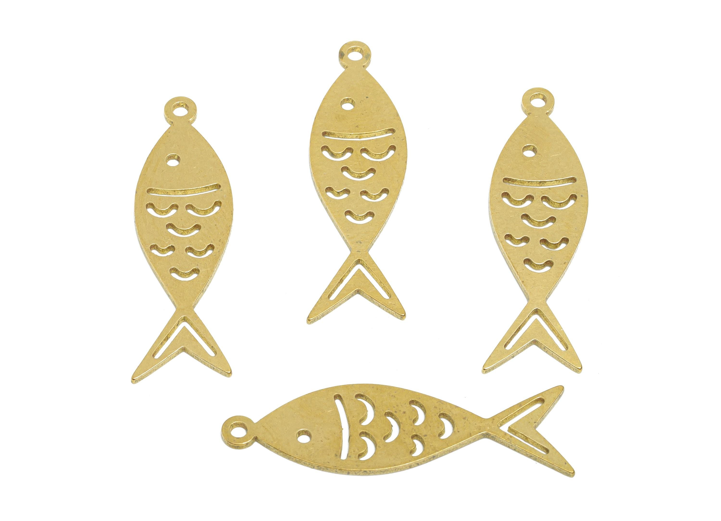 Brass Fish Earring Charm - Raw Brass Hollow Marine Life Pendant - Geometric Fish Design Charm - Jewelry Supplies - 32x9.5x0.8mm - PP11496 - DOMEDBAZAAR