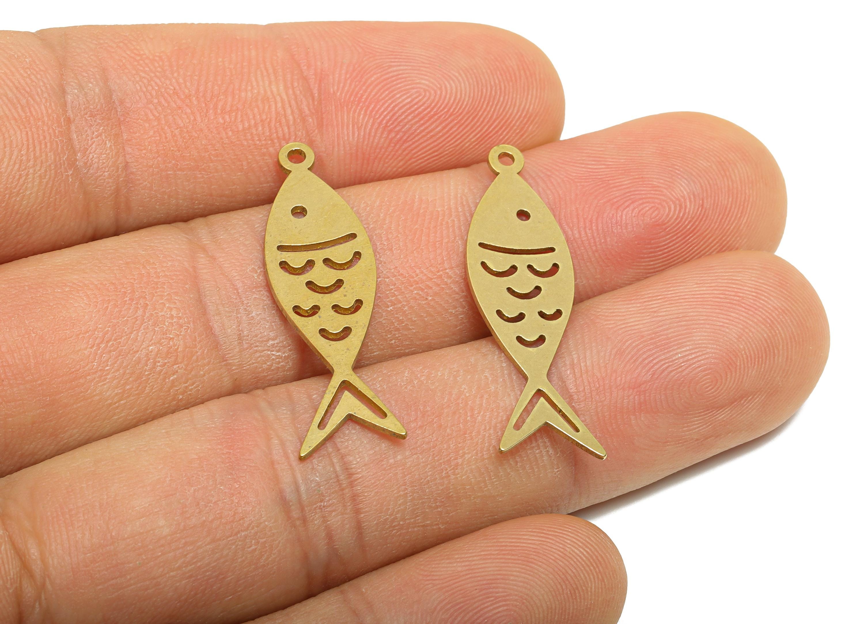 Brass Fish Earring Charm - Raw Brass Hollow Marine Life Pendant - Geometric Fish Design Charm - Jewelry Supplies - 32x9.5x0.8mm - PP11496 - DOMEDBAZAAR