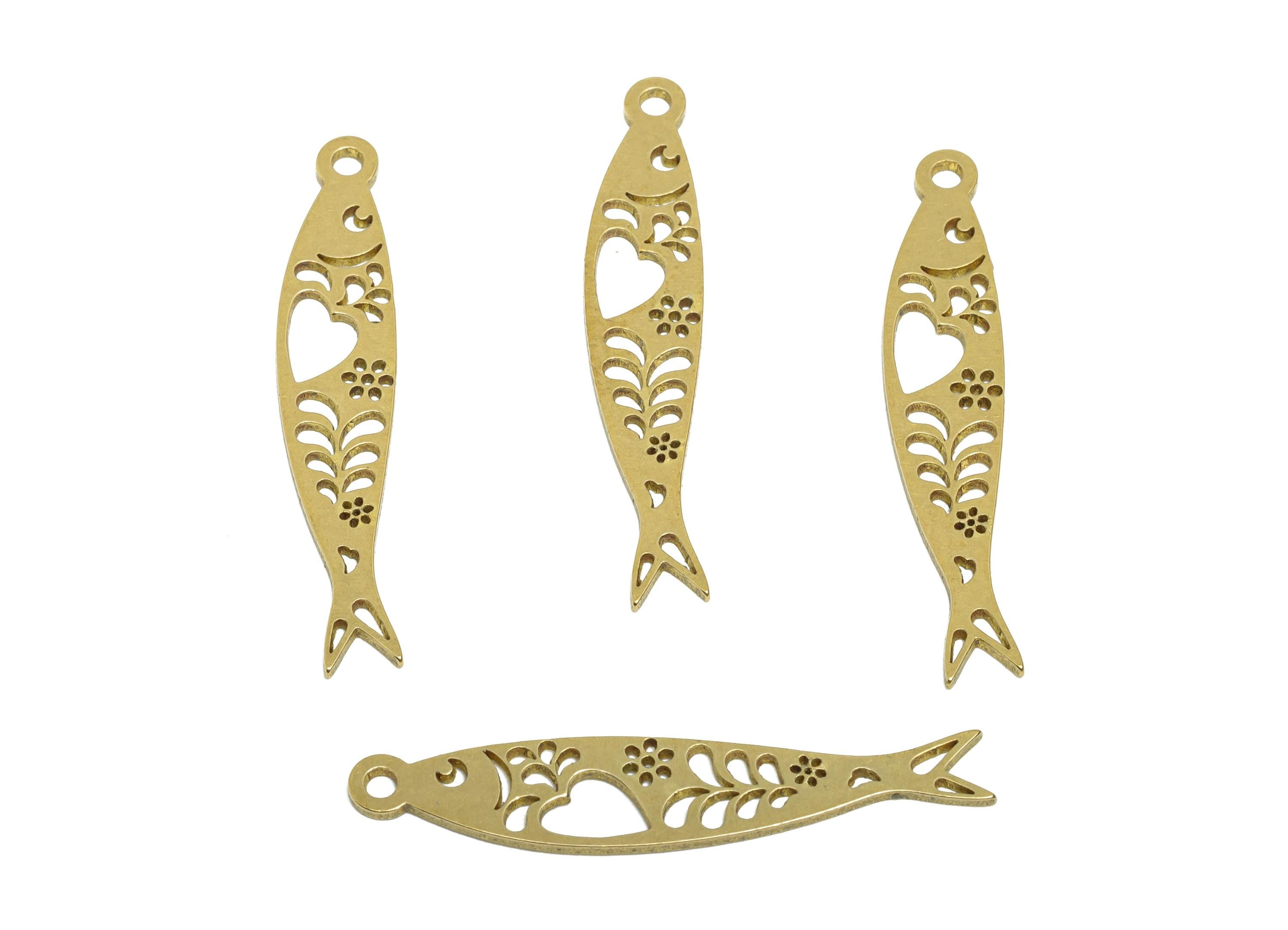 Raw Brass Fish Earring Charm - Hollow Heart Leaf Marine Life Pendant - Geometric Fish Design Charm - DIY Jewelry - 31.68x6x0.9mm - PP11499 - DOMEDBAZAAR