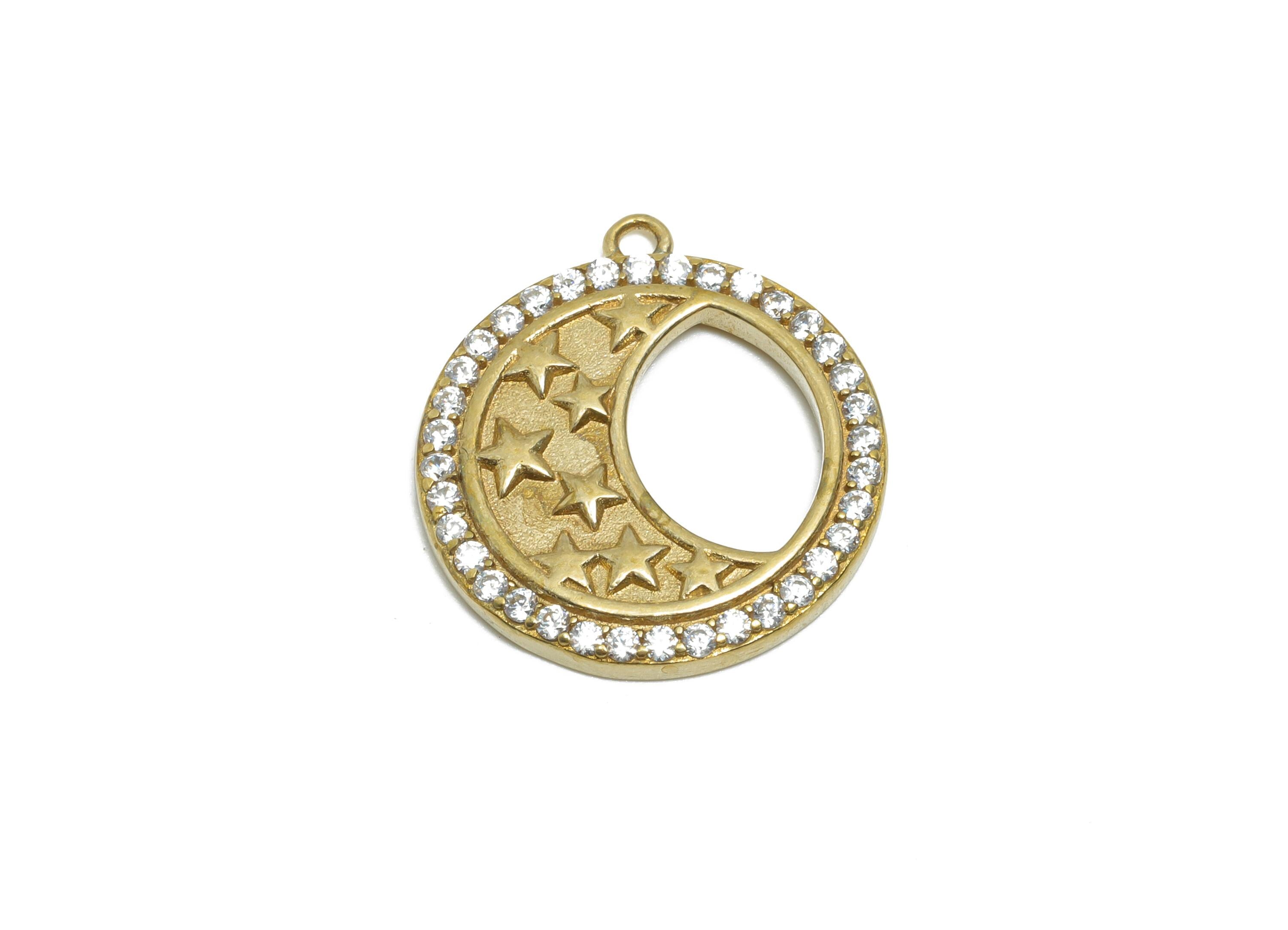 Raw Brass Crescent Star Charm - Round Celestial Moon Zircon Pendant - Dainty Gold Jewelry Supply - DIY Craft Making - 19.8x18x2mm - PP11456 - DOMEDBAZAAR