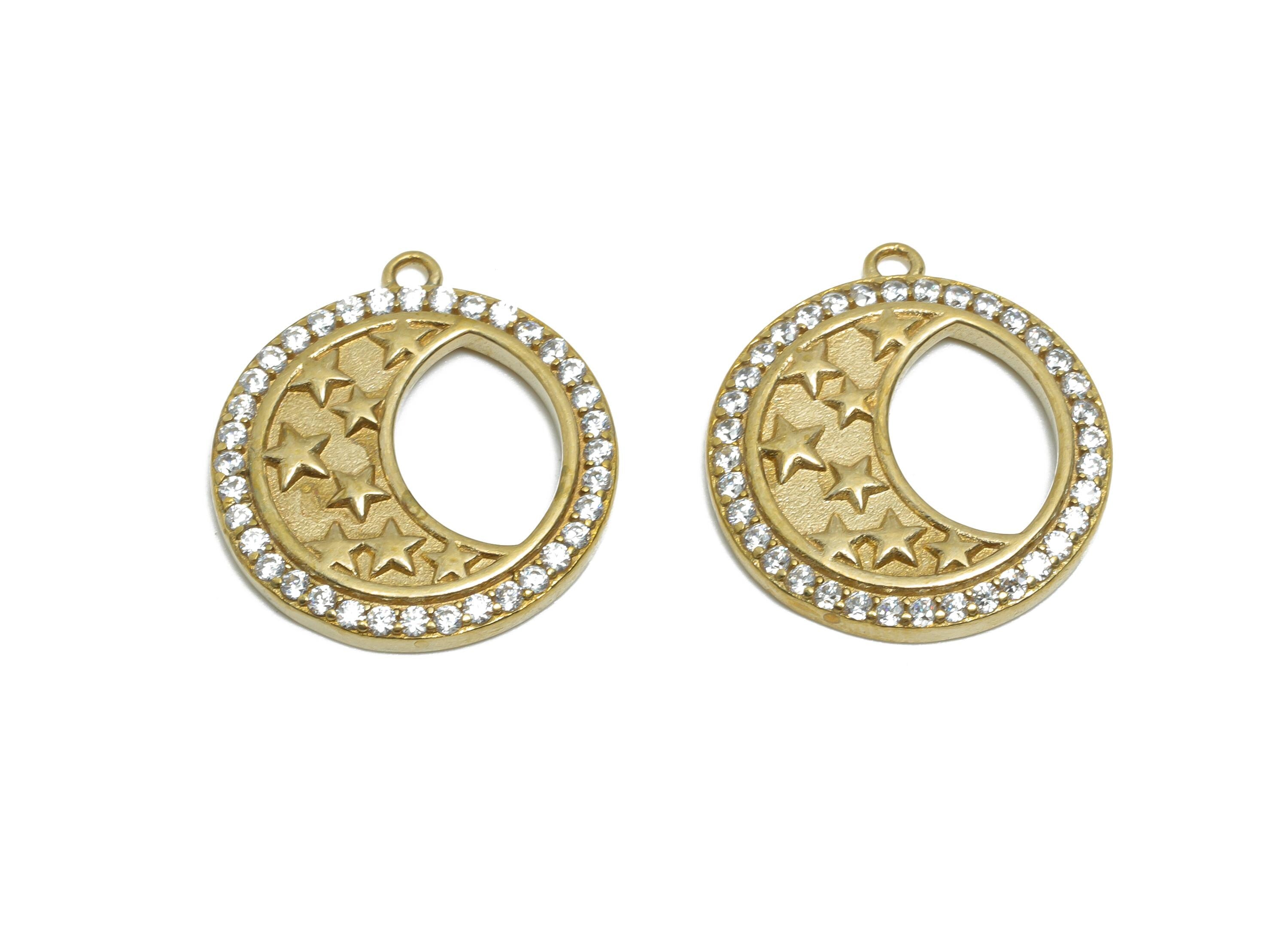 Raw Brass Crescent Star Charm - Round Celestial Moon Zircon Pendant - Dainty Gold Jewelry Supply - DIY Craft Making - 19.8x18x2mm - PP11456 - DOMEDBAZAAR