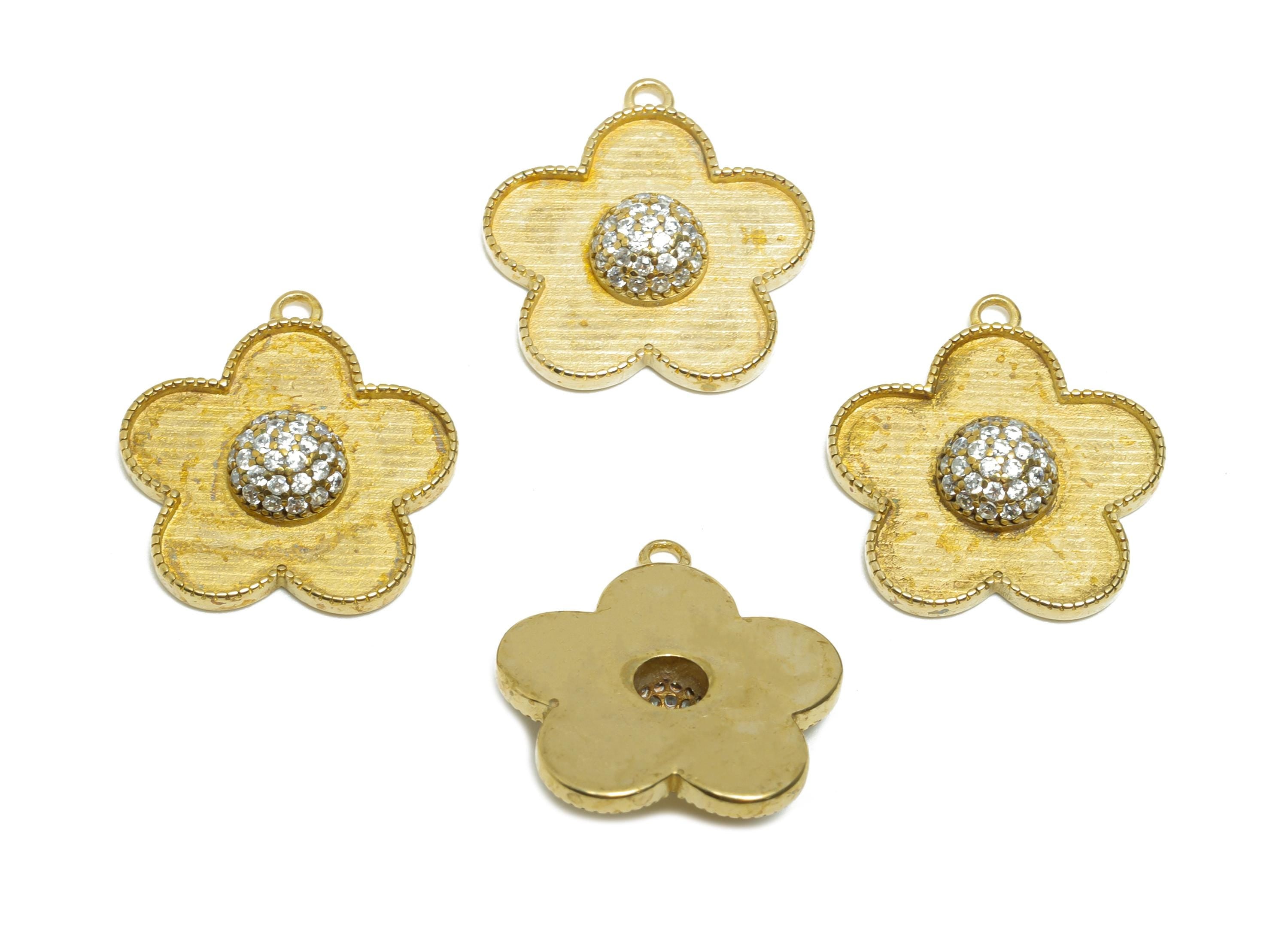 Raw Brass Flower Pendant - Dainty Zircon Necklace Pendant - Elegant Flower Pendant Base for Shell - Jewelry Supply - 19.6x17.9x4mm - PP11473 - DOMEDBAZAAR