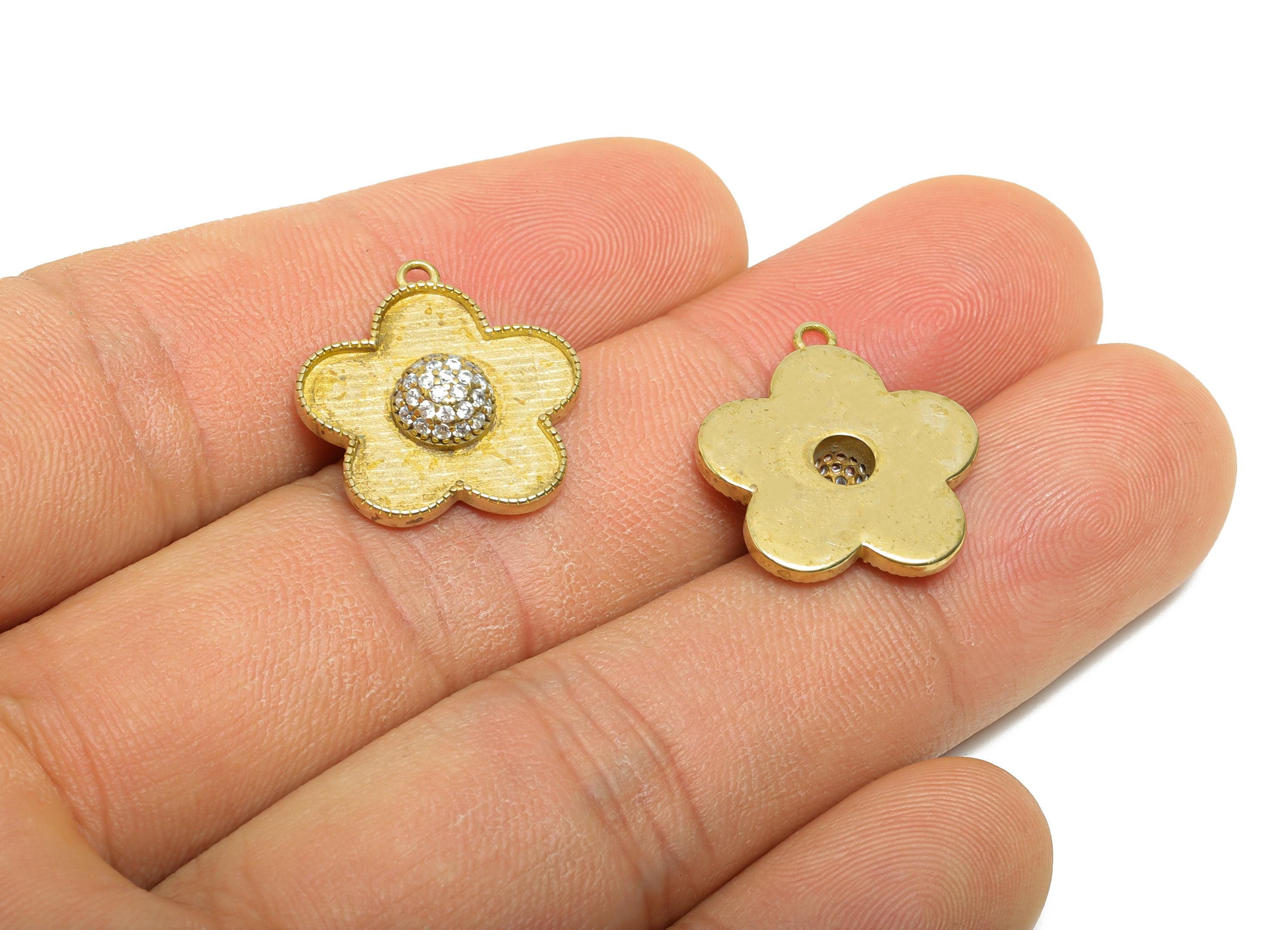 Raw Brass Flower Pendant - Dainty Zircon Necklace Pendant - Elegant Flower Pendant Base for Shell - Jewelry Supply - 19.6x17.9x4mm - PP11473 - DOMEDBAZAAR