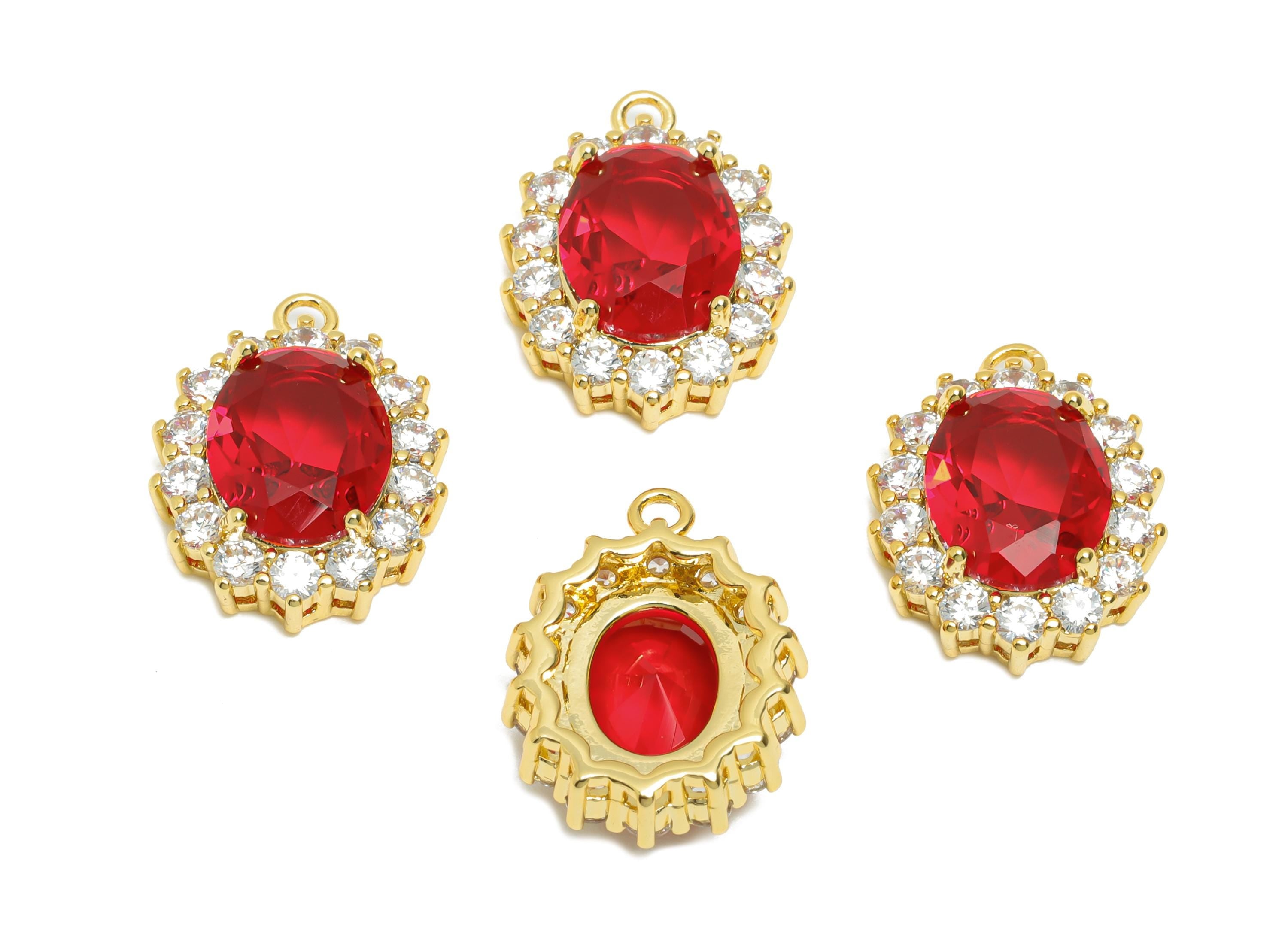 Brass Red Gemstone Pendant - Vintage Rhinestone Pendant - Red Zircon Luxury Look Jewelry Part - 18K Real Gold Plating - 16x12x5mm - RGP11091 - DOMEDBAZAAR