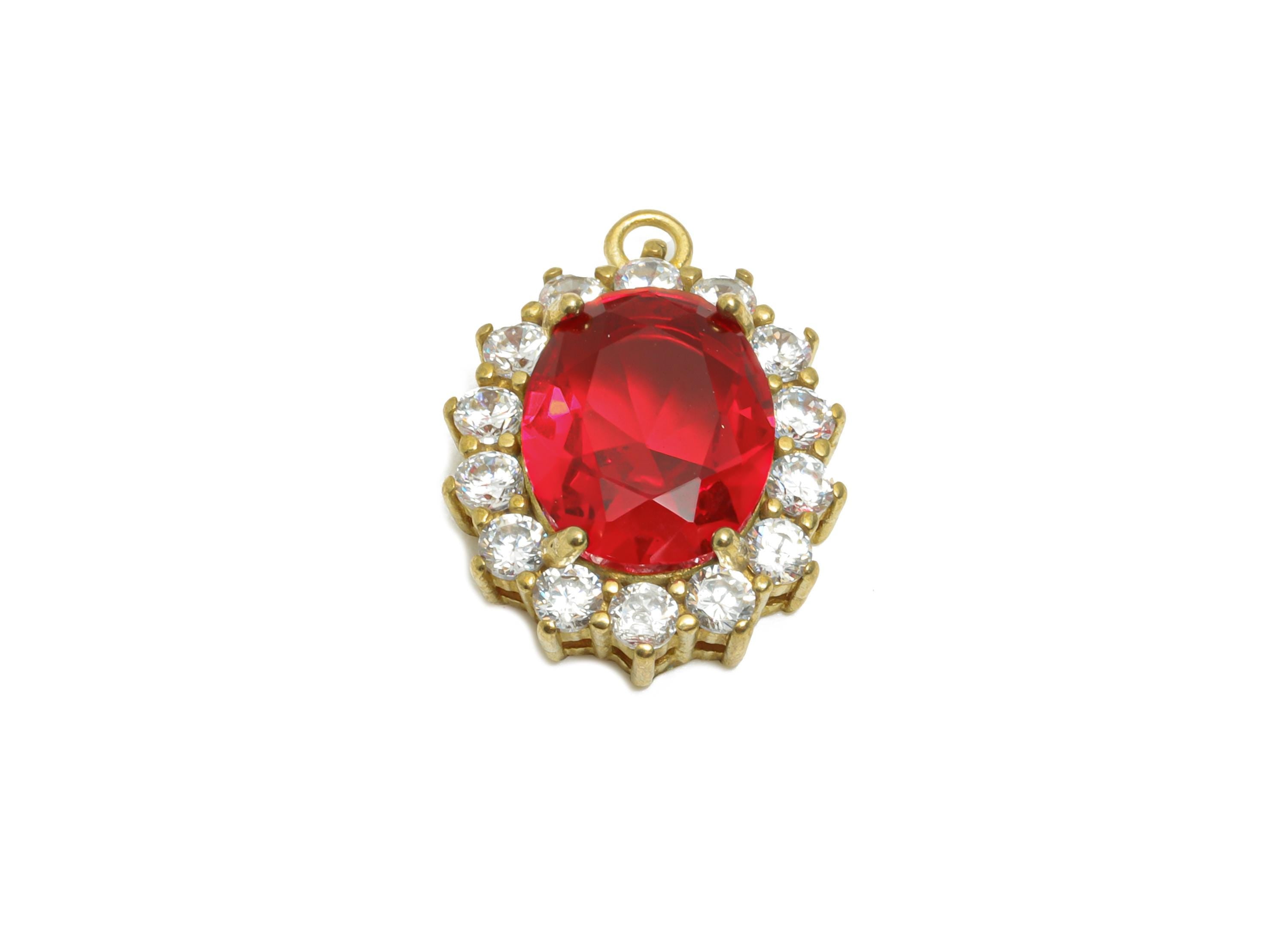 Brass Red Gemstone Pendant - Vintage Rhinestone Pendant - Red Zircon Luxury Look Jewelry Part - Classic Oval Pendant - 16x12x5mm - PP11470 - DOMEDBAZAAR