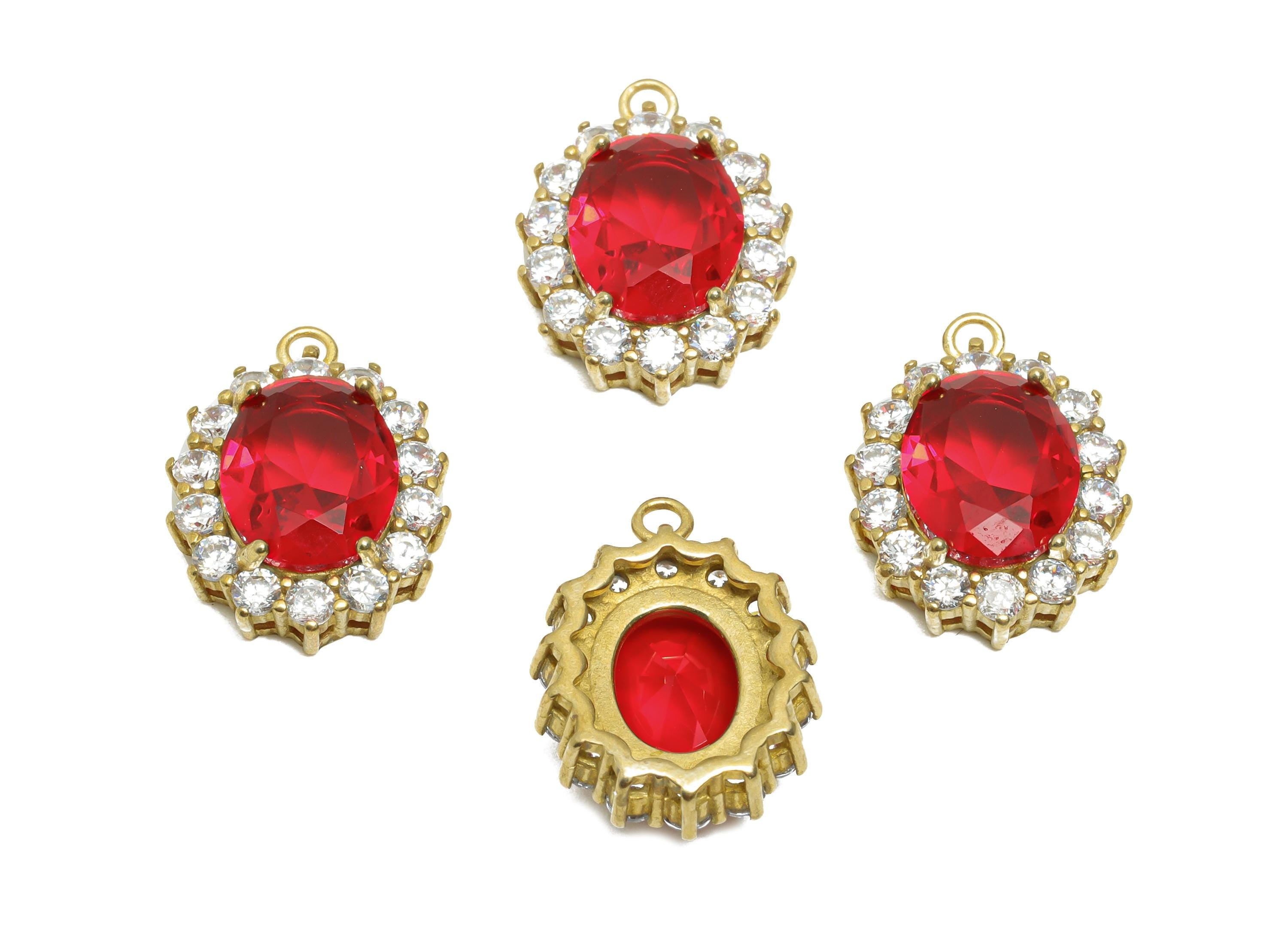 Brass Red Gemstone Pendant - Vintage Rhinestone Pendant - Red Zircon Luxury Look Jewelry Part - Classic Oval Pendant - 16x12x5mm - PP11470 - DOMEDBAZAAR