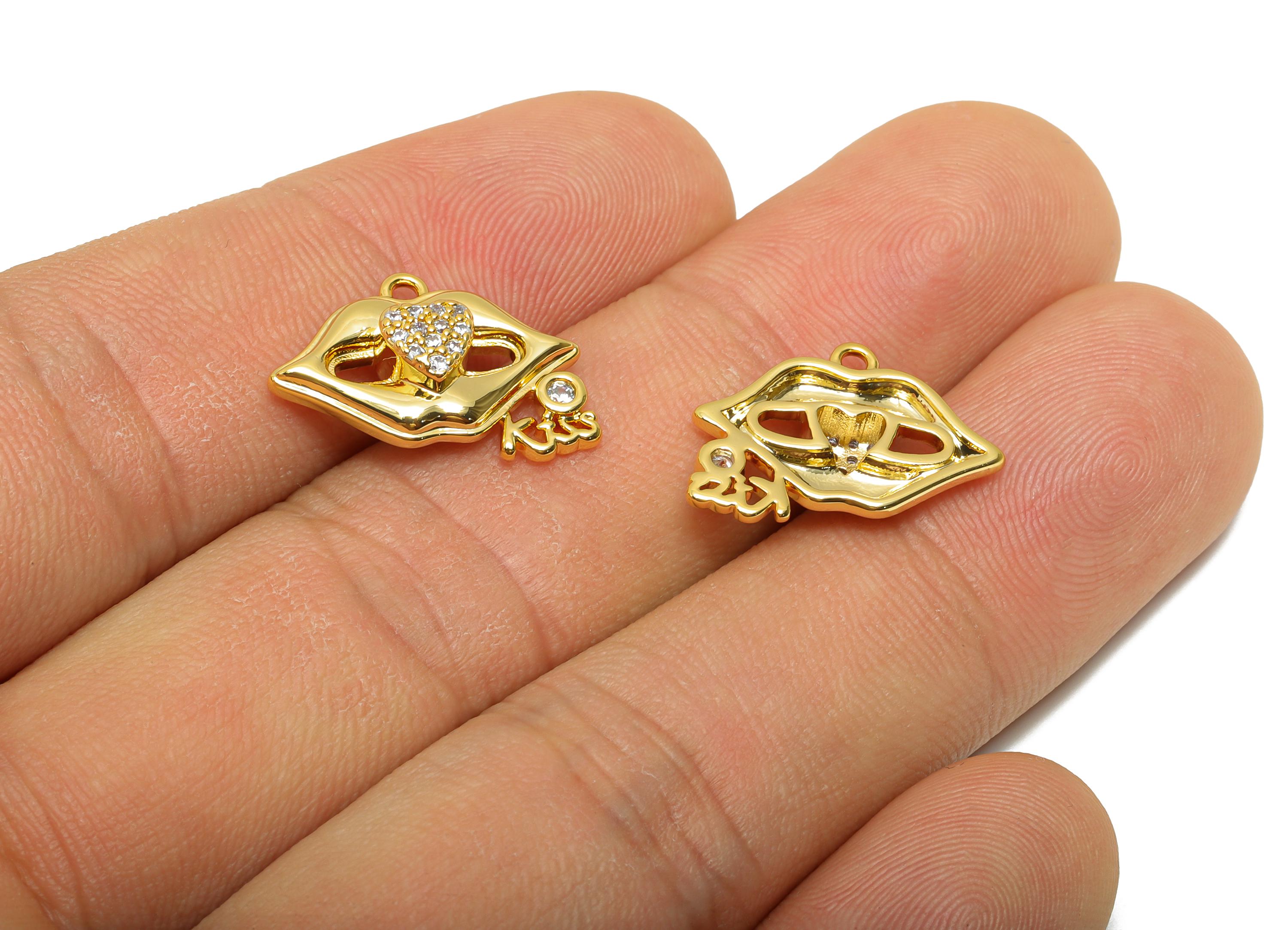 Brass CZ Gold Lips Pendant - Sparkly Fashion Jewelry Part - Zircon Valentine Jewelry Supply - 18K Real Gold Plating - 17x11 x4mm - RGP11086 - DOMEDBAZAAR