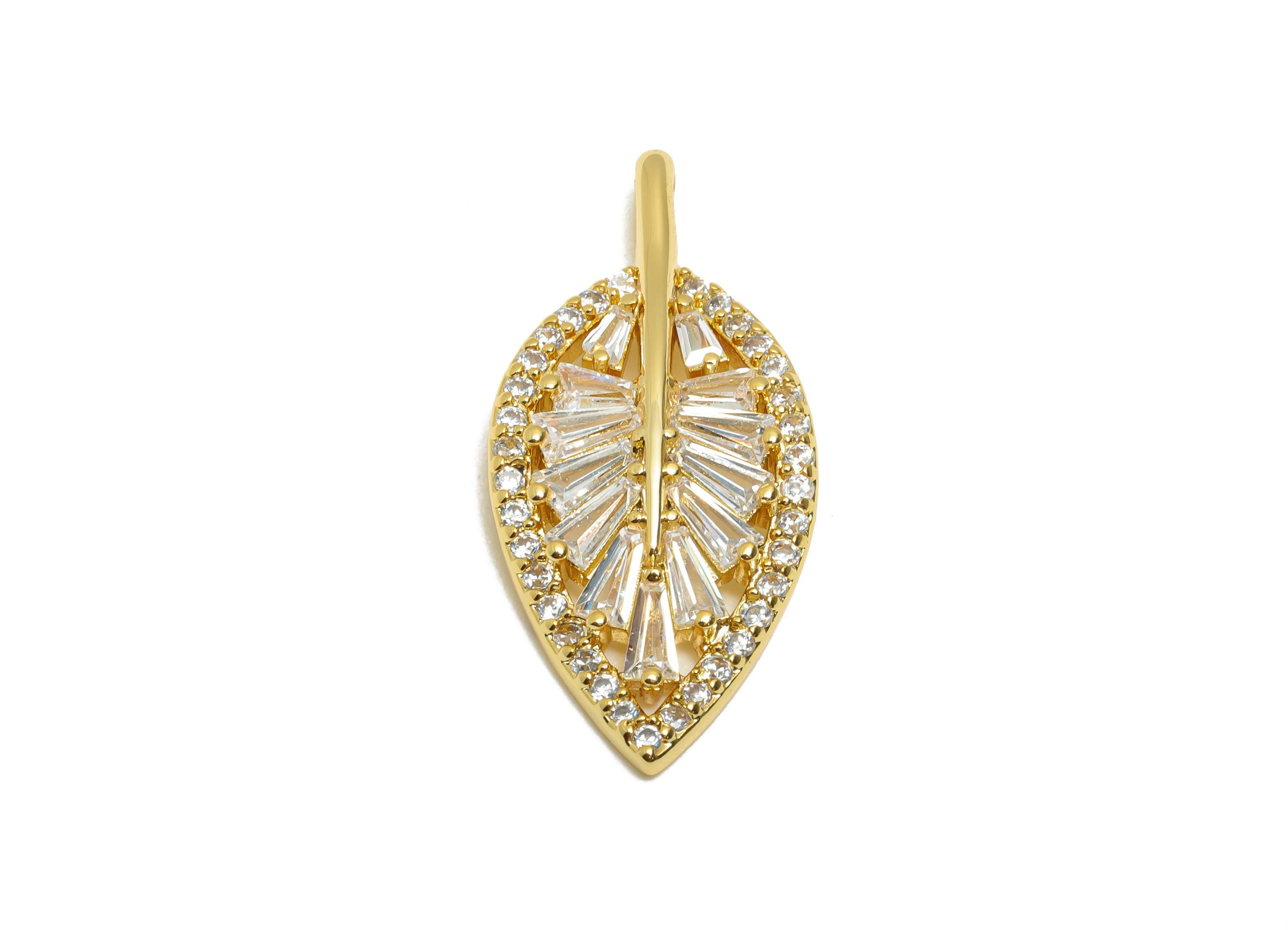 Brass CZ Leaf Pendant - Sparkly Fashion Jewelry Part - Zircon Luxe Charm For Jewelry Making - 18K Real Gold Plating - 26x12x3.5mm - RGP11087 - DOMEDBAZAAR