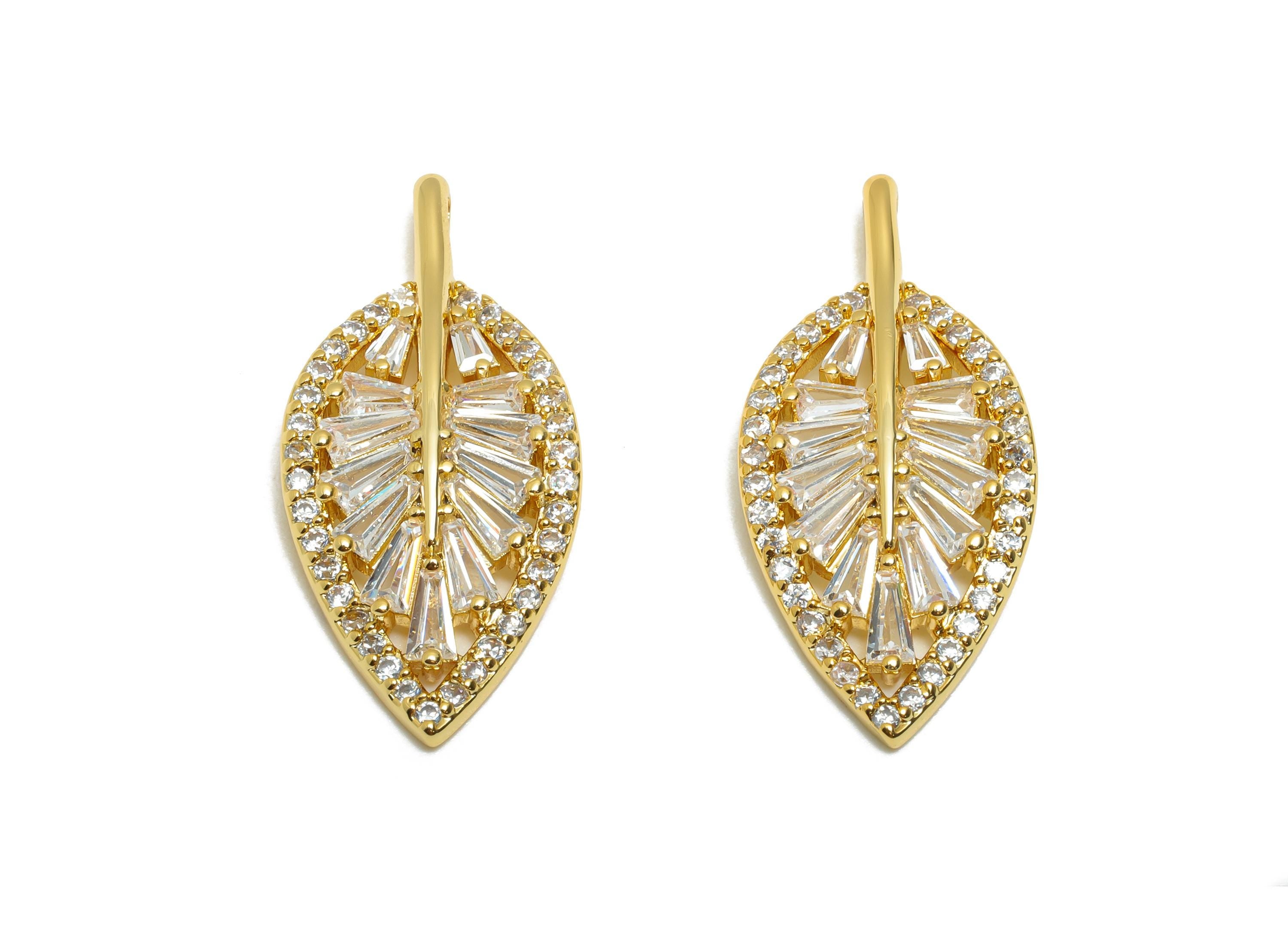 Brass CZ Leaf Pendant - Sparkly Fashion Jewelry Part - Zircon Luxe Charm For Jewelry Making - 18K Real Gold Plating - 26x12x3.5mm - RGP11087 - DOMEDBAZAAR