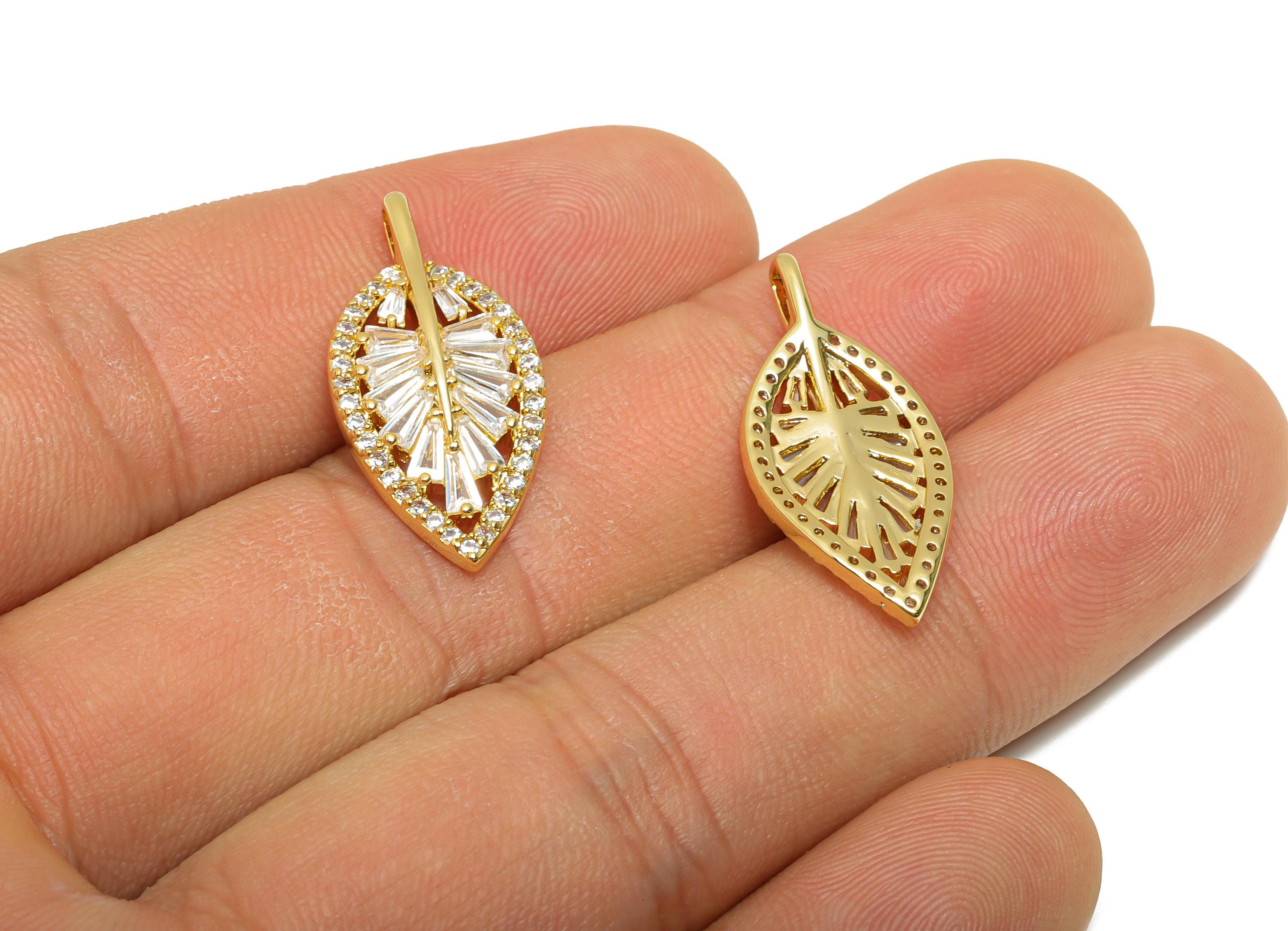 Brass CZ Leaf Pendant - Sparkly Fashion Jewelry Part - Zircon Luxe Charm For Jewelry Making - 18K Real Gold Plating - 26x12x3.5mm - RGP11087 - DOMEDBAZAAR