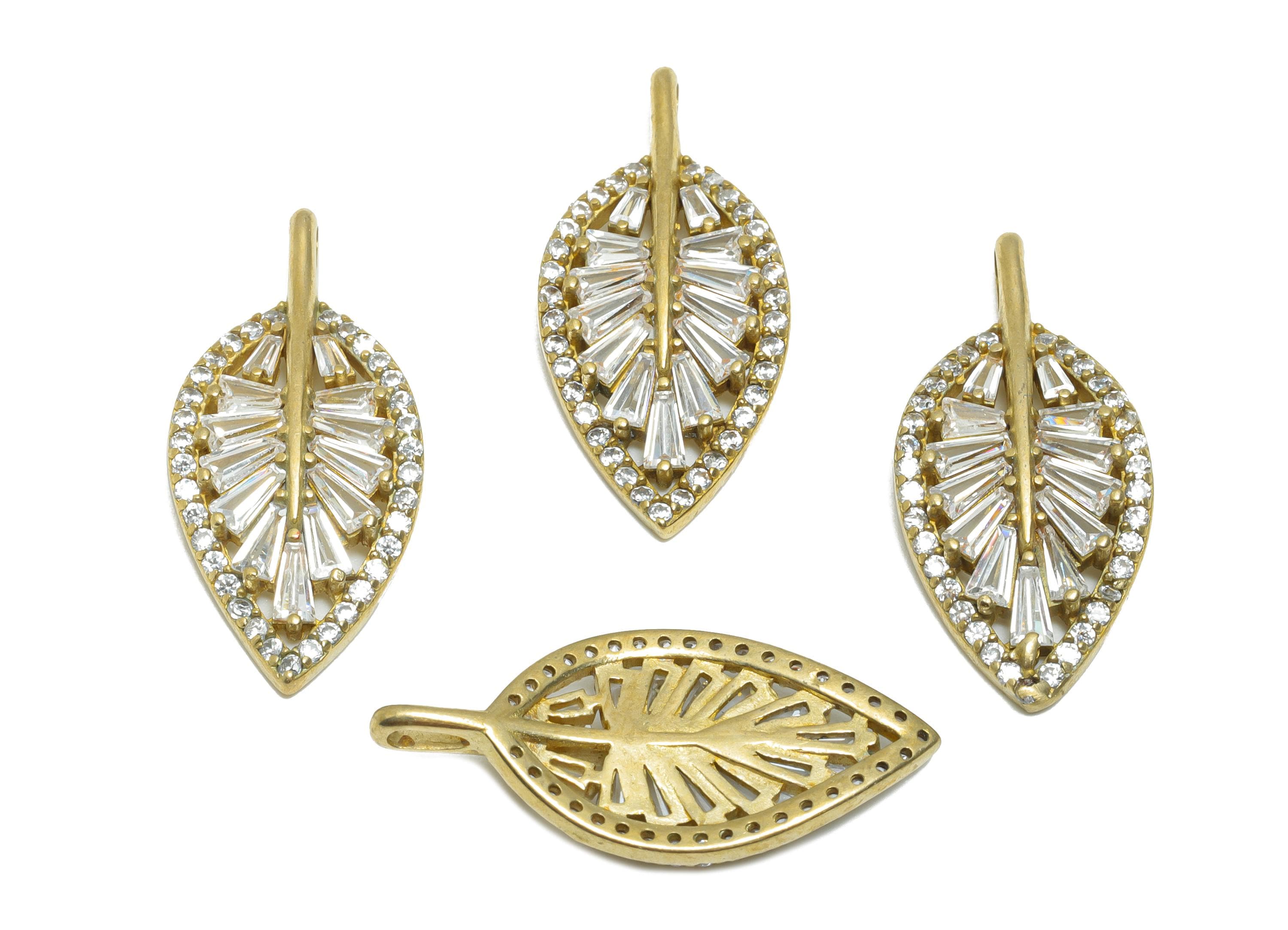 Brass CZ Leaf Pendant - Sparkly Fashion Jewelry Part - Zircon Luxe Charm For Jewelry Making - Radiant Leaf Design - 26x12x3.5mm - PP11466 - DOMEDBAZAAR