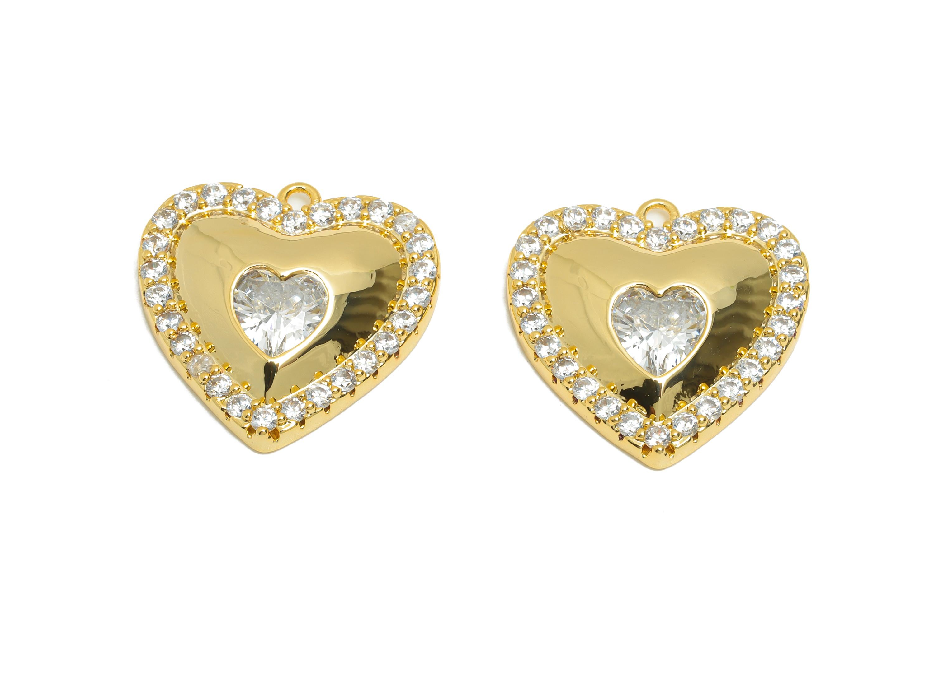 Brass CZ Heart Pendant - Rhinestone Heart Charm - Faceted Zircon Romantic Jewelry Supply - 18K Real Gold Plating - 18x18x4mm - RGP11088 - DOMEDBAZAAR