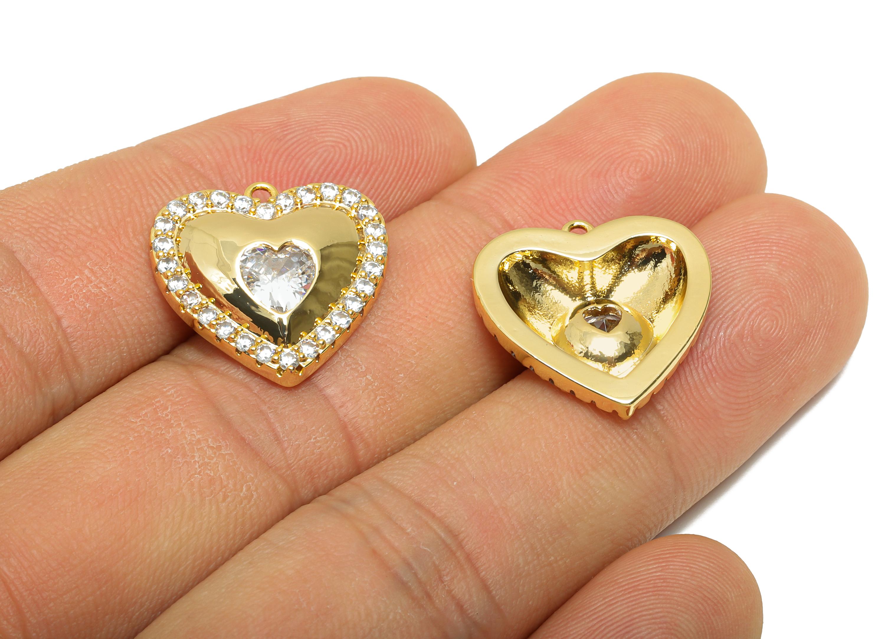Brass CZ Heart Pendant - Rhinestone Heart Charm - Faceted Zircon Romantic Jewelry Supply - 18K Real Gold Plating - 18x18x4mm - RGP11088 - DOMEDBAZAAR