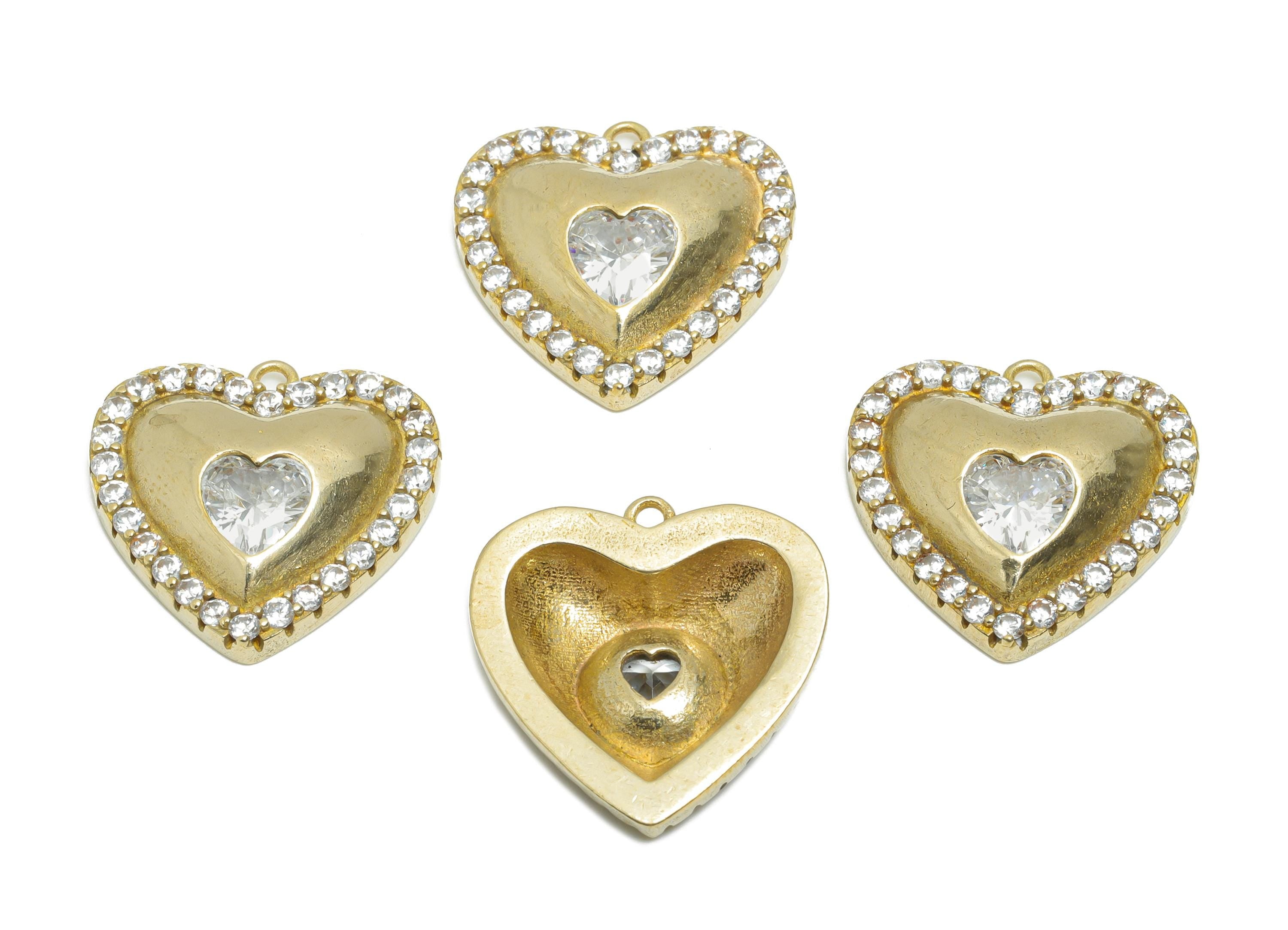 Brass CZ Heart Pendant - Rhinestone Heart Charm - Faceted Zircon Romantic Jewelry Supply - Chic Romantic Pendant - 18x18x4mm - PP11467 - DOMEDBAZAAR