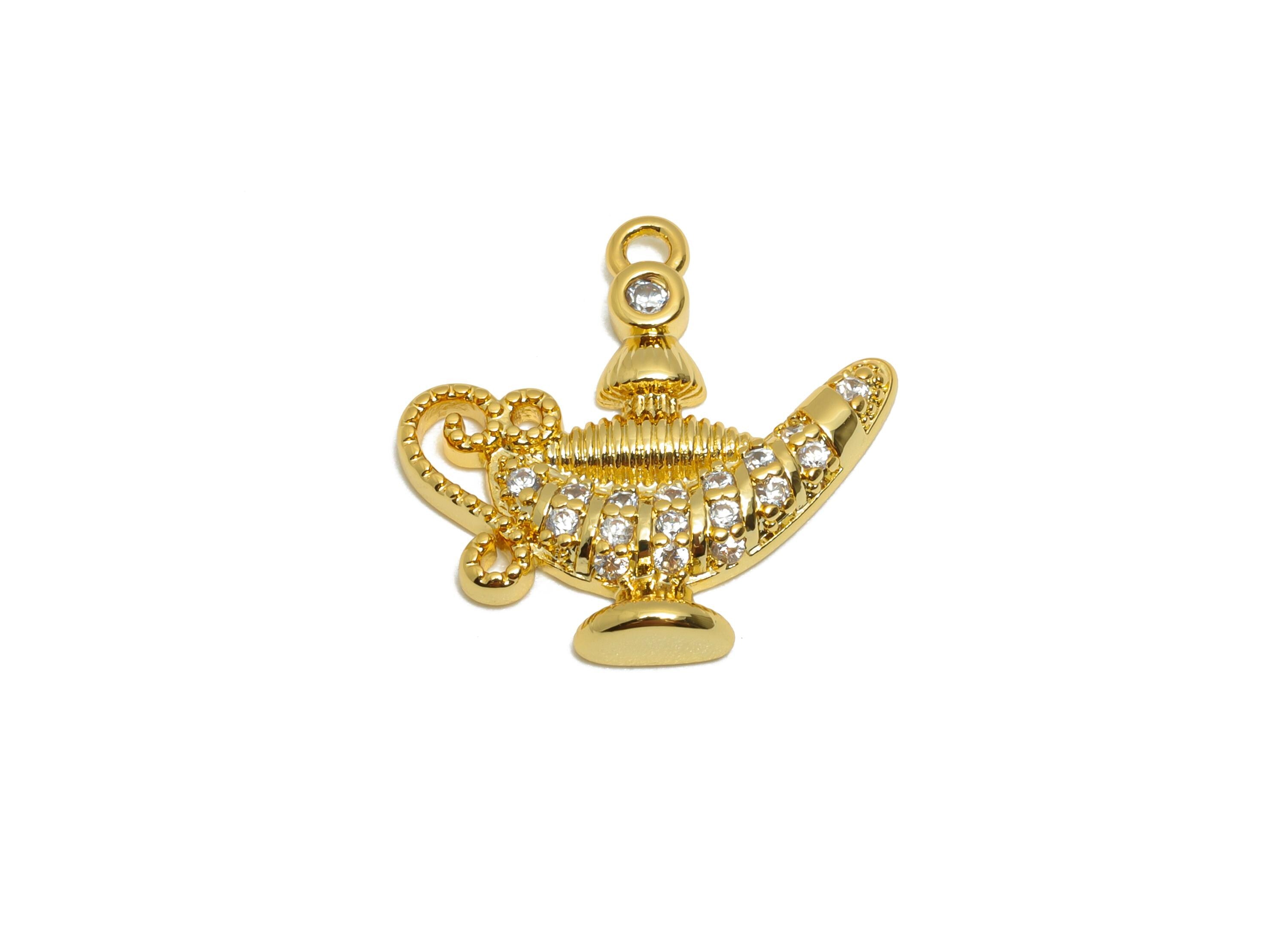 Brass CZ Genie Lamp Pendant - Magical Lamp Charm - DIY Bracelet Piece - Customizable Pendant - 18K Real Gold Plating - 16x16x2mm - RGP11090 - DOMEDBAZAAR