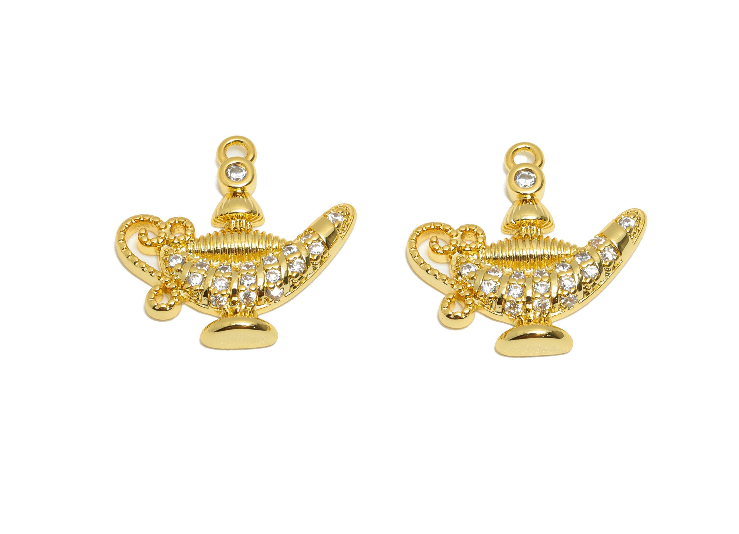 Brass CZ Genie Lamp Pendant - Magical Lamp Charm - DIY Bracelet Piece - Customizable Pendant - 18K Real Gold Plating - 16x16x2mm - RGP11090 - DOMEDBAZAAR