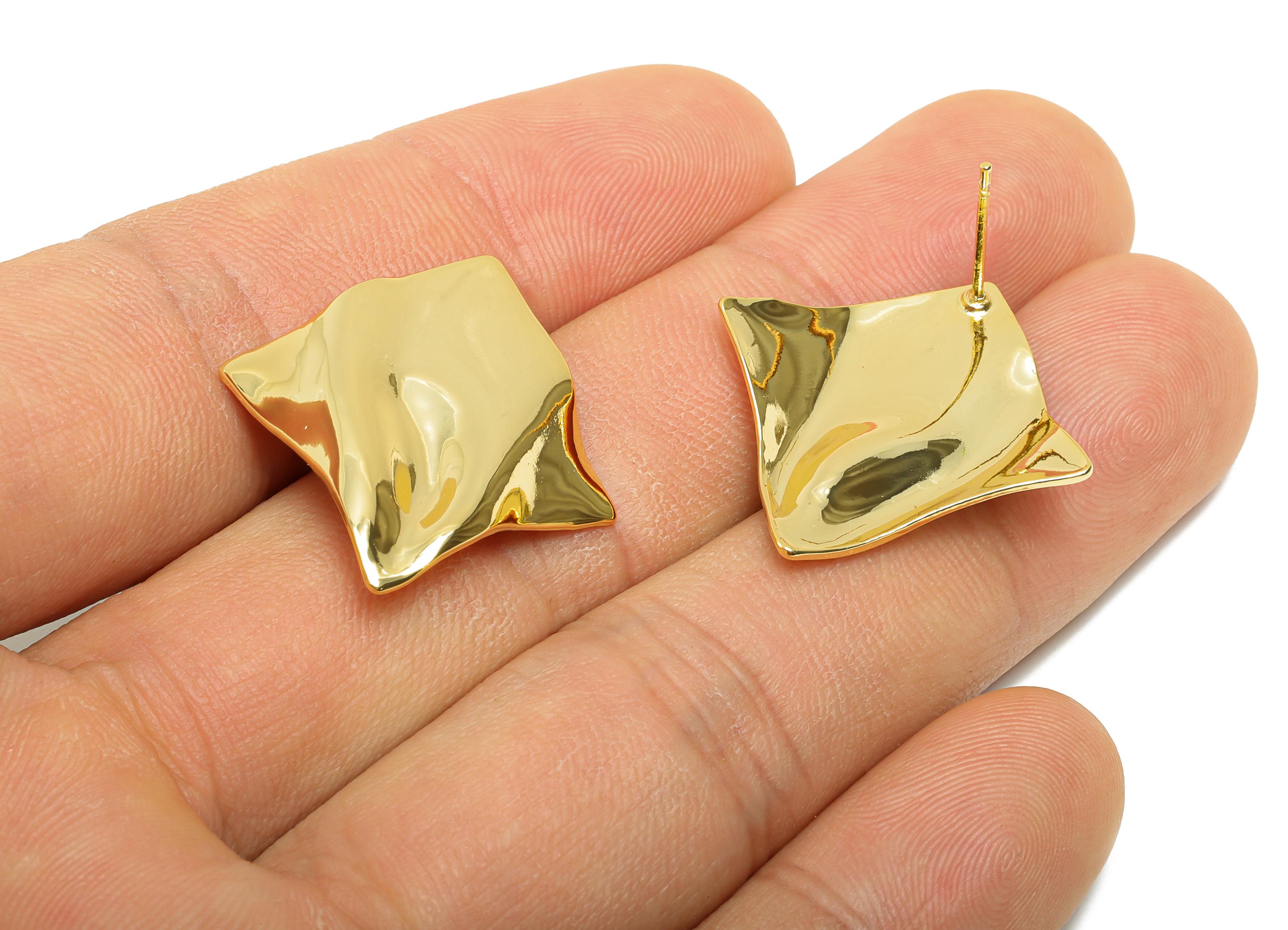 Brass Abstract Earring Stud - Trendy Gold Geometric Post - Artistic Folded Metal Look Earring - 18K Gold Plated - 27.9x25x0.66mm - RGP11101 - DOMEDBAZAAR