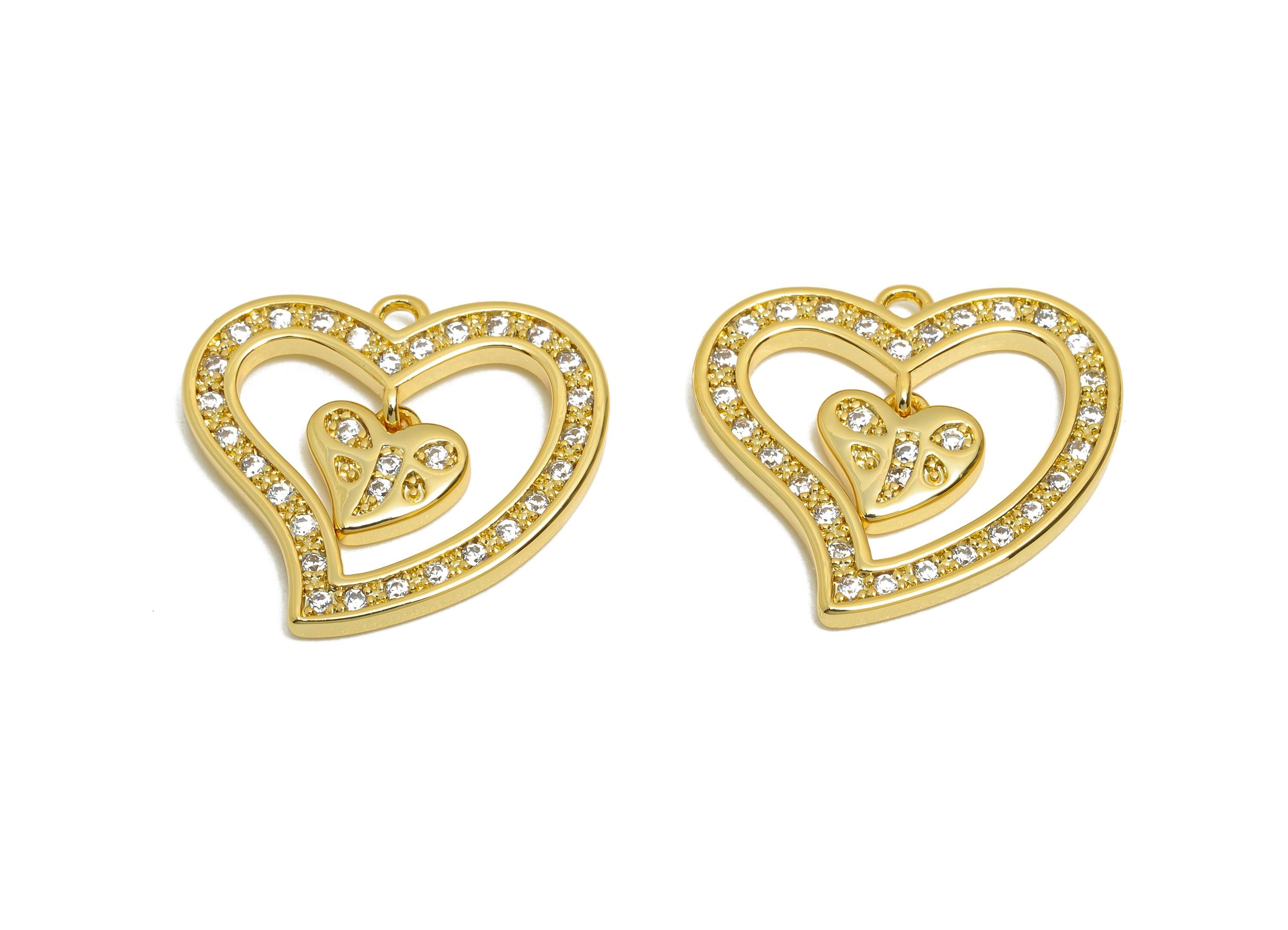 Brass CZ Heart Pendant - Rhinestone Dangle Charm - Cubic Zircon Romantic Jewelry Supply - 18K Real Gold Plating - 18x16x2mm - RGP11089 - DOMEDBAZAAR