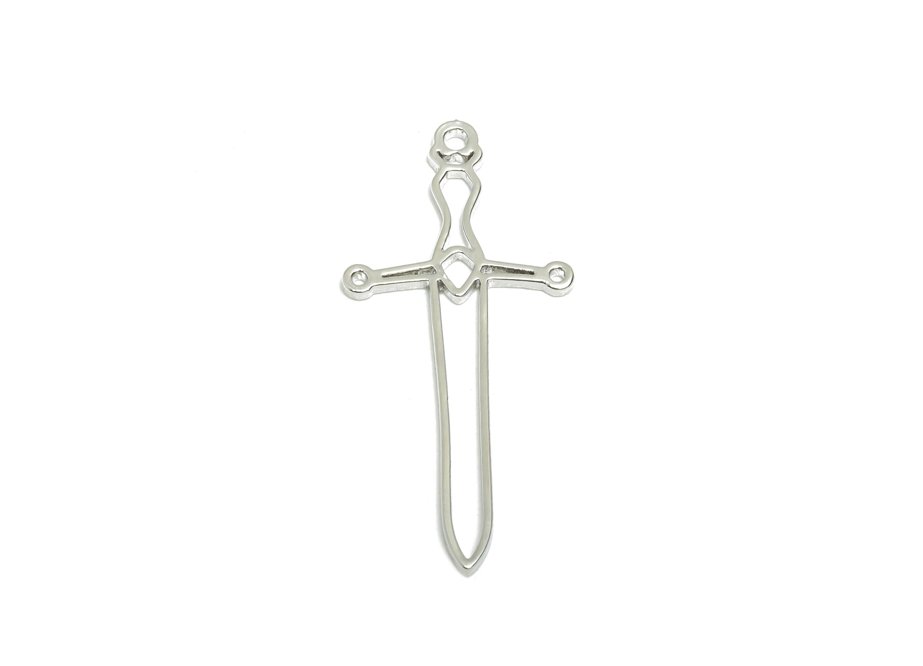 Brass Silver Sword Charm - Lightweight Geometric Necklace Charm - Knight Sword Jewelry Part - 18K White Gold Plated - 34x15x0.9mm - RGP11098 - DOMEDBAZAAR