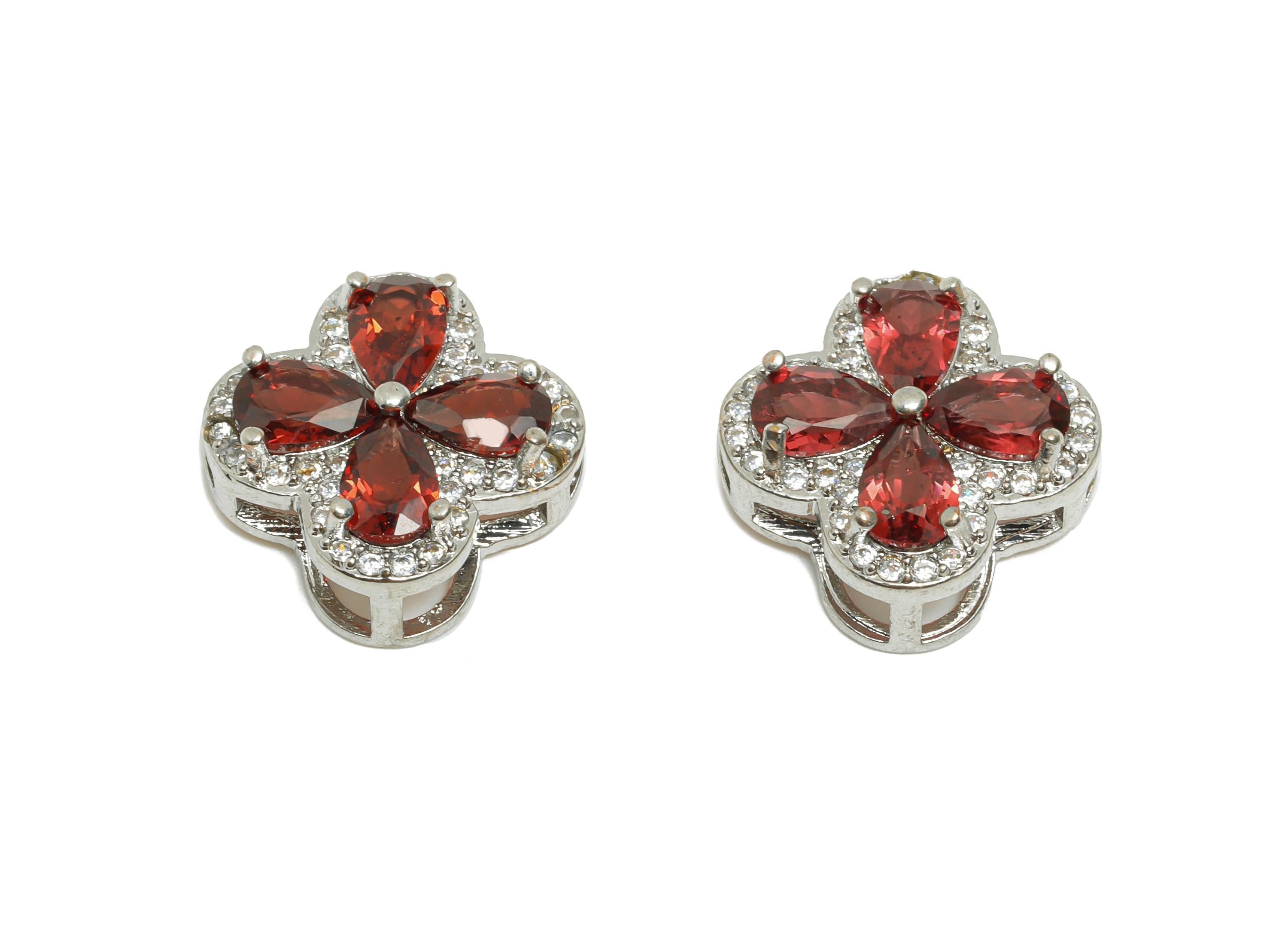 Brass Garnet Flower Charms - Vintage Four Leaf Clover Charm - Shinny Flower Pendant - DIY Craft Making - White K Plated - 15x15x5mm-PP11479 - DOMEDBAZAAR