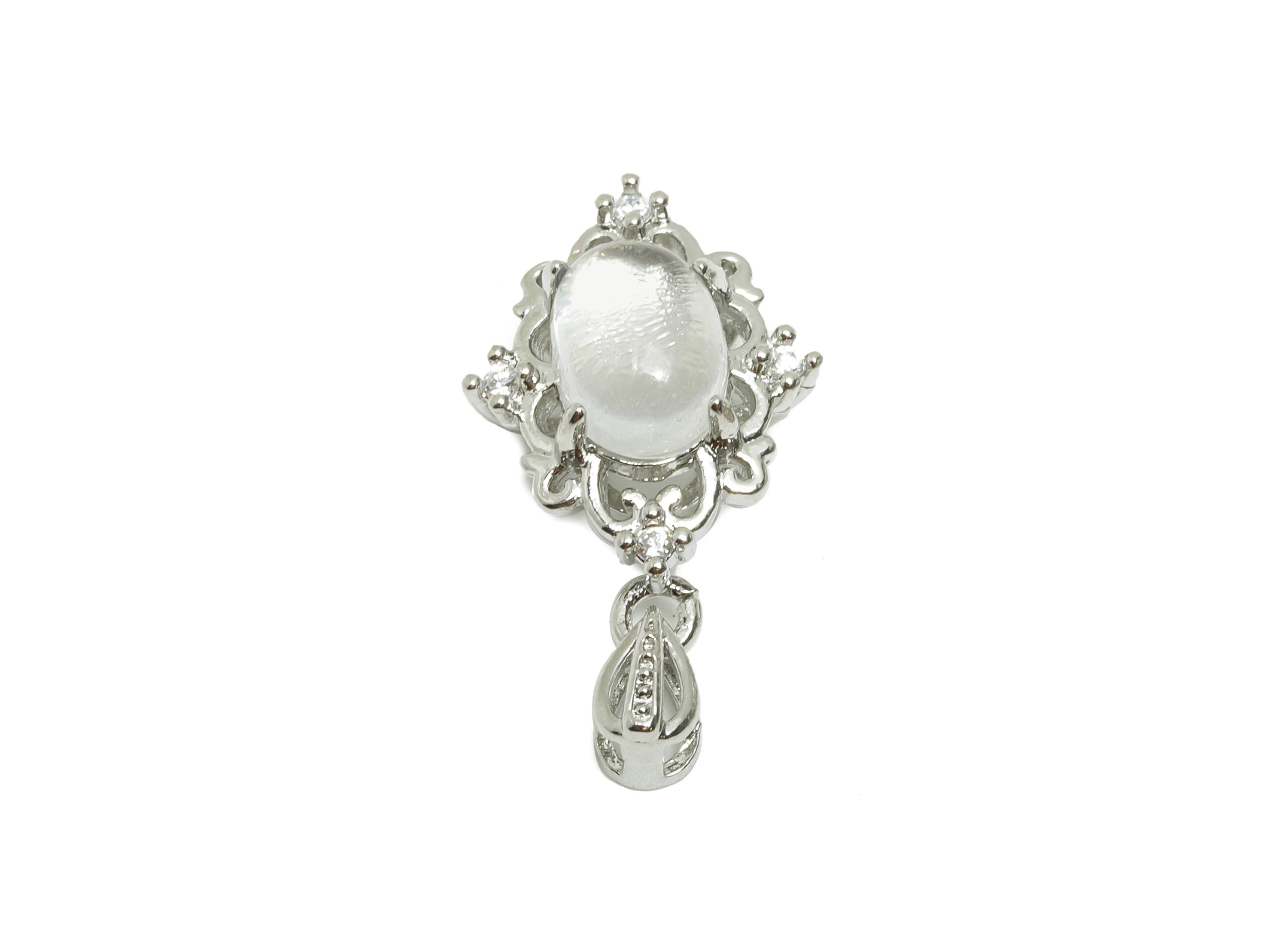 Brass Oval Pendant - Vintage White Crystal Necklace Pendant - Ornate Craft Jewelry Component - White K Plated - 21.25x11.69x8mm - PP11488 - DOMEDBAZAAR